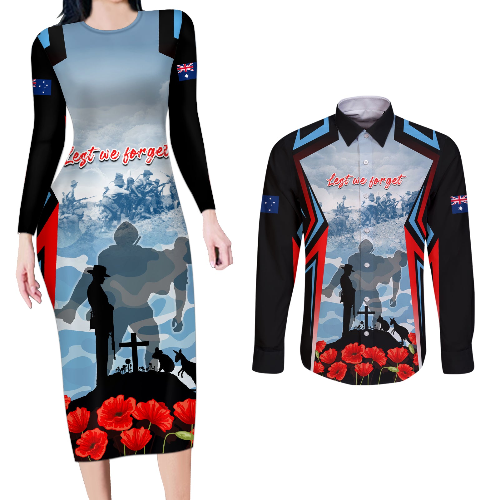 Australia ANZAC Day Couples Matching Long Sleeve Bodycon Dress and Long Sleeve Button Shirt Gallipoli Soldiers Simple Style
