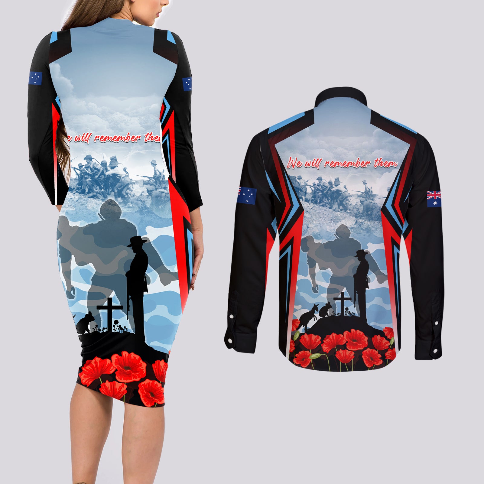 Australia ANZAC Day Couples Matching Long Sleeve Bodycon Dress and Long Sleeve Button Shirt Gallipoli Soldiers Simple Style