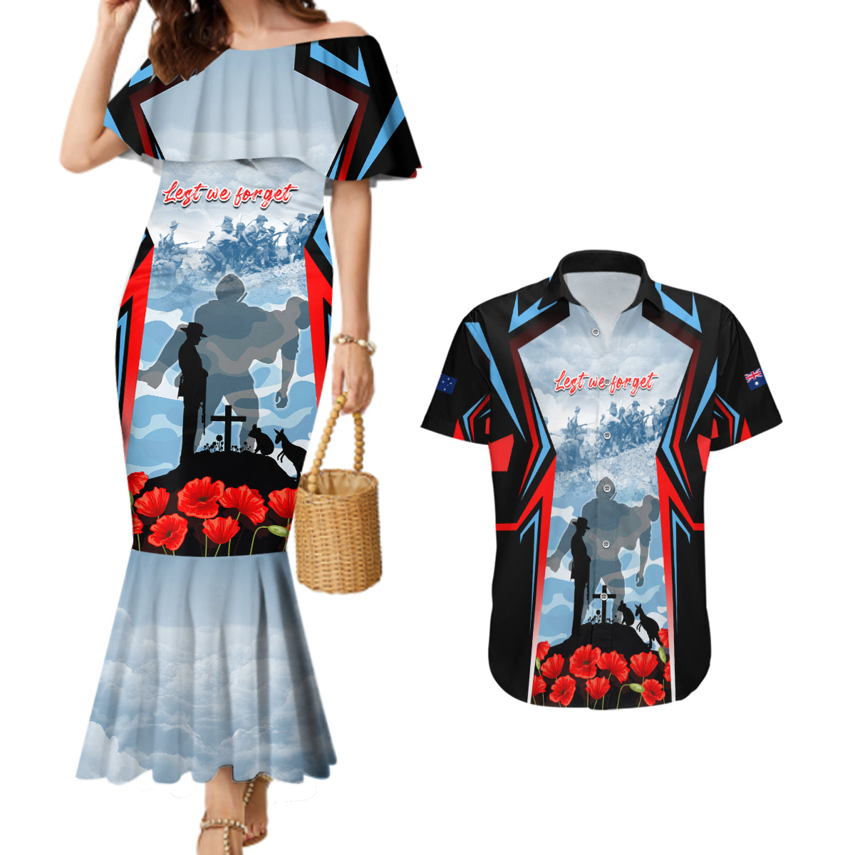 Australia ANZAC Day Couples Matching Mermaid Dress and Hawaiian Shirt Gallipoli Soldiers Simple Style