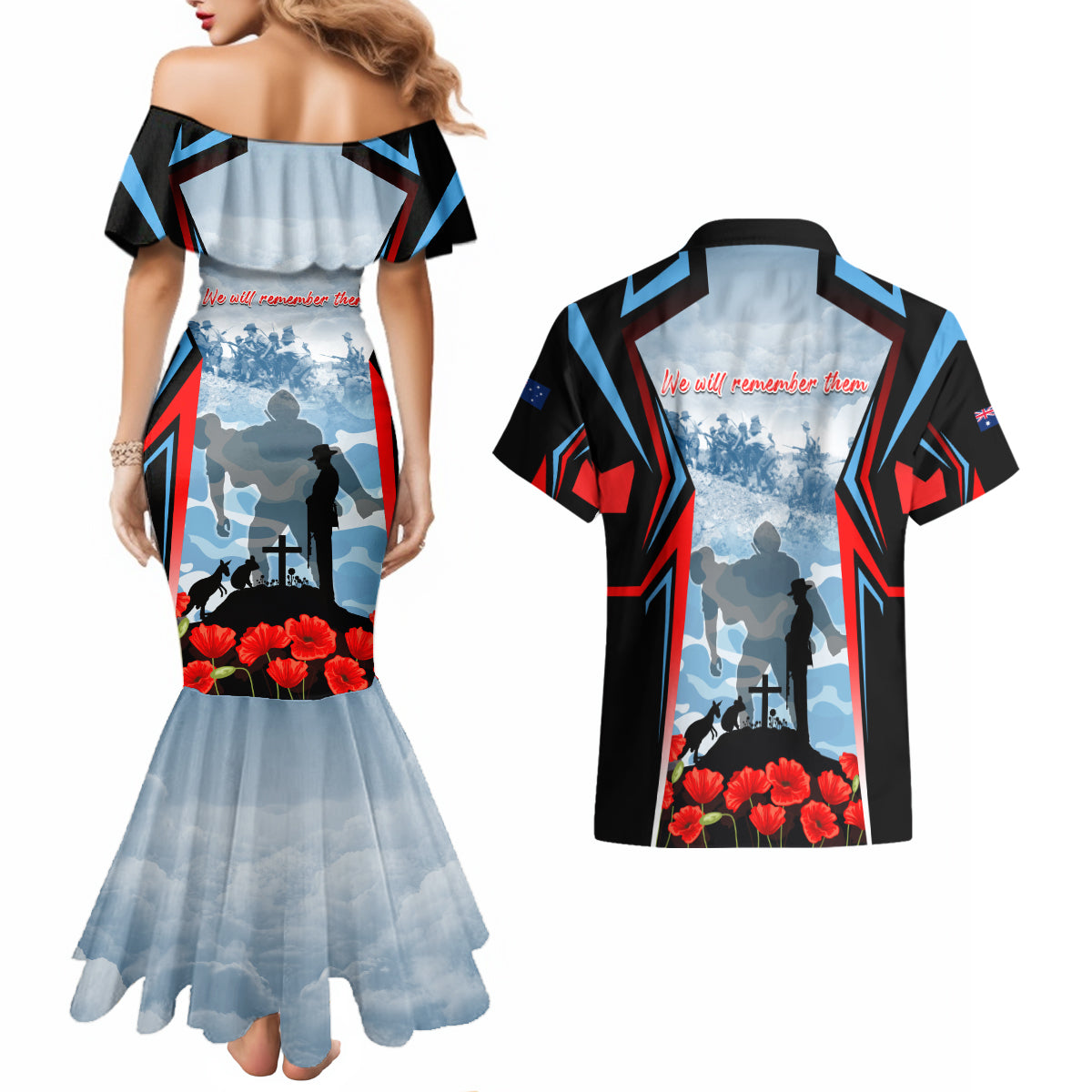Australia ANZAC Day Couples Matching Mermaid Dress and Hawaiian Shirt Gallipoli Soldiers Simple Style