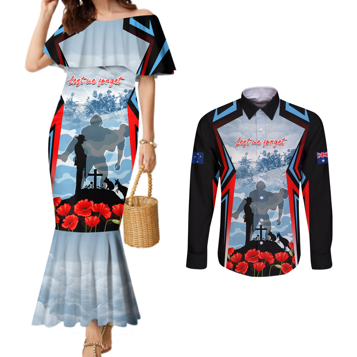 Australia ANZAC Day Couples Matching Mermaid Dress and Long Sleeve Button Shirt Gallipoli Soldiers Simple Style