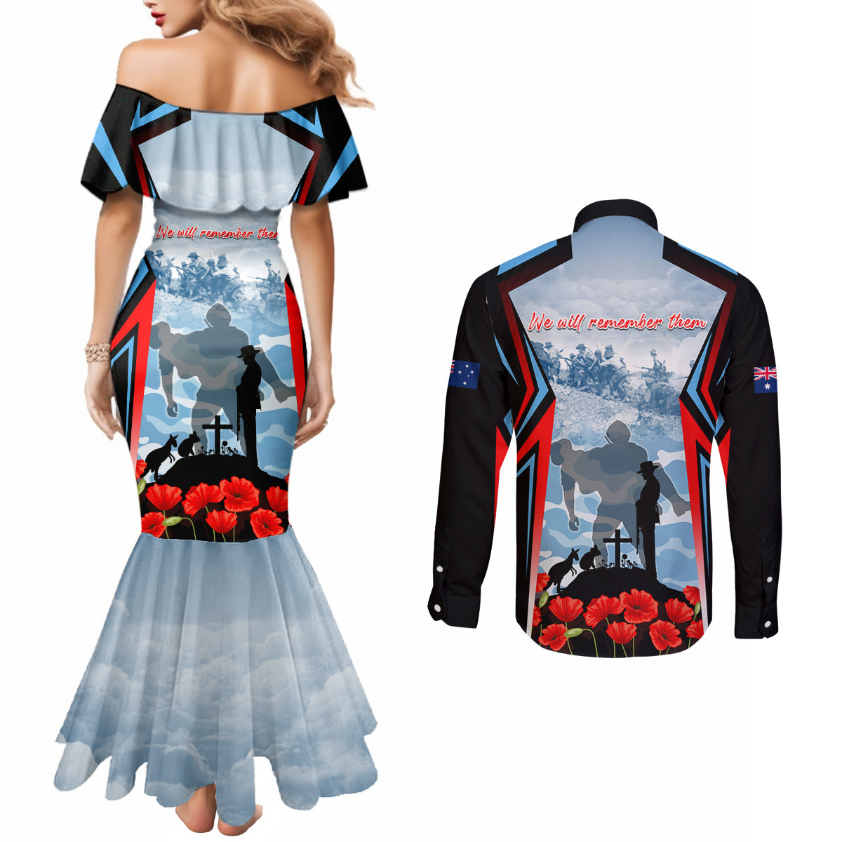 Australia ANZAC Day Couples Matching Mermaid Dress and Long Sleeve Button Shirt Gallipoli Soldiers Simple Style