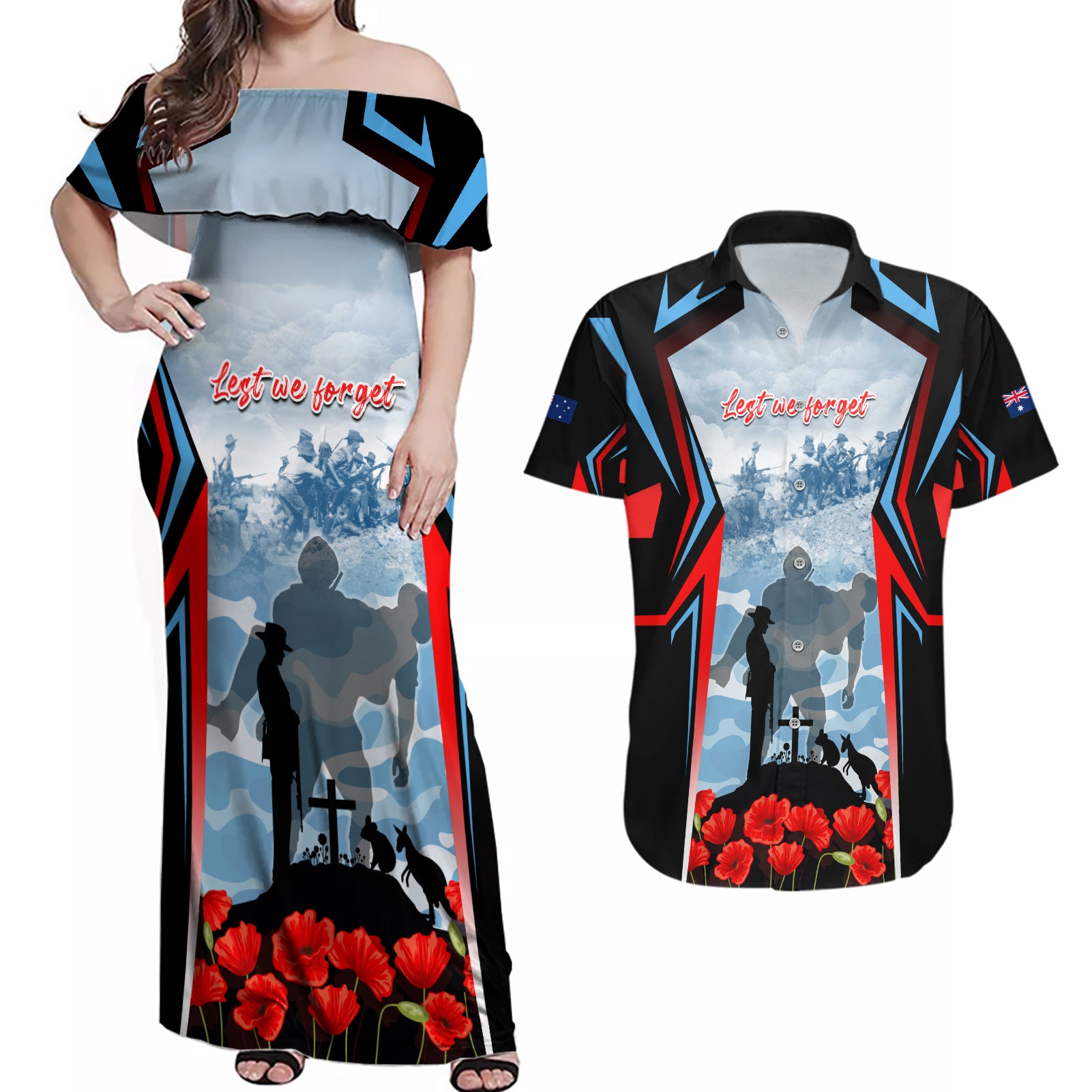 Australia ANZAC Day Couples Matching Off Shoulder Maxi Dress and Hawaiian Shirt Gallipoli Soldiers Simple Style