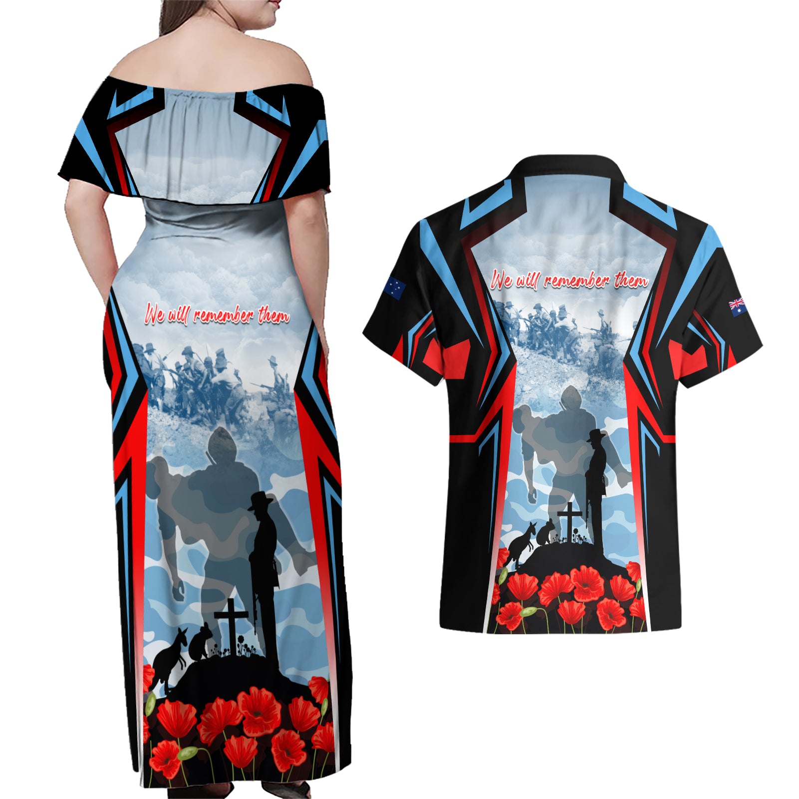 Australia ANZAC Day Couples Matching Off Shoulder Maxi Dress and Hawaiian Shirt Gallipoli Soldiers Simple Style