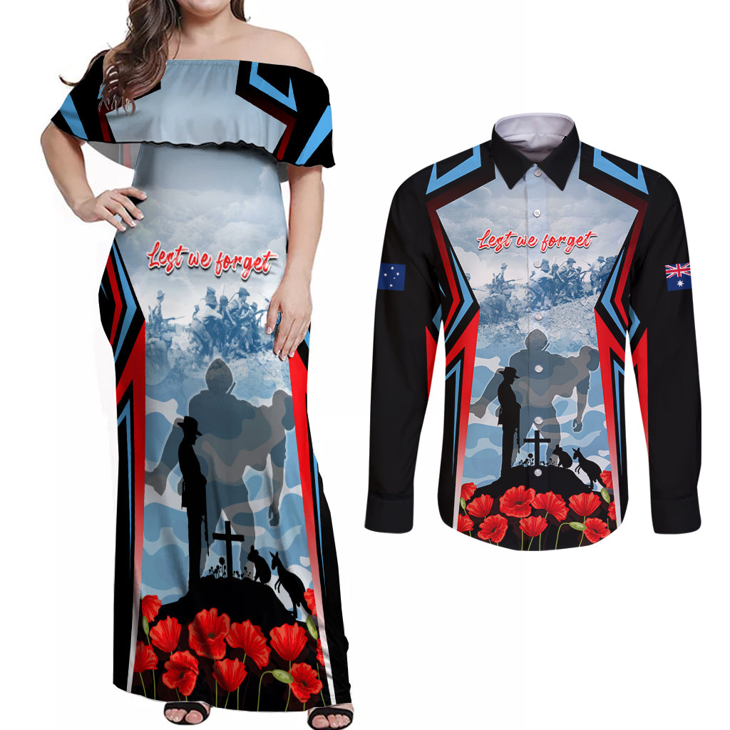 Australia ANZAC Day Couples Matching Off Shoulder Maxi Dress and Long Sleeve Button Shirt Gallipoli Soldiers Simple Style