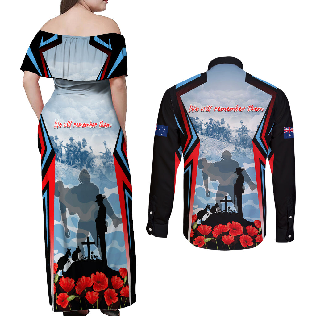 Australia ANZAC Day Couples Matching Off Shoulder Maxi Dress and Long Sleeve Button Shirt Gallipoli Soldiers Simple Style