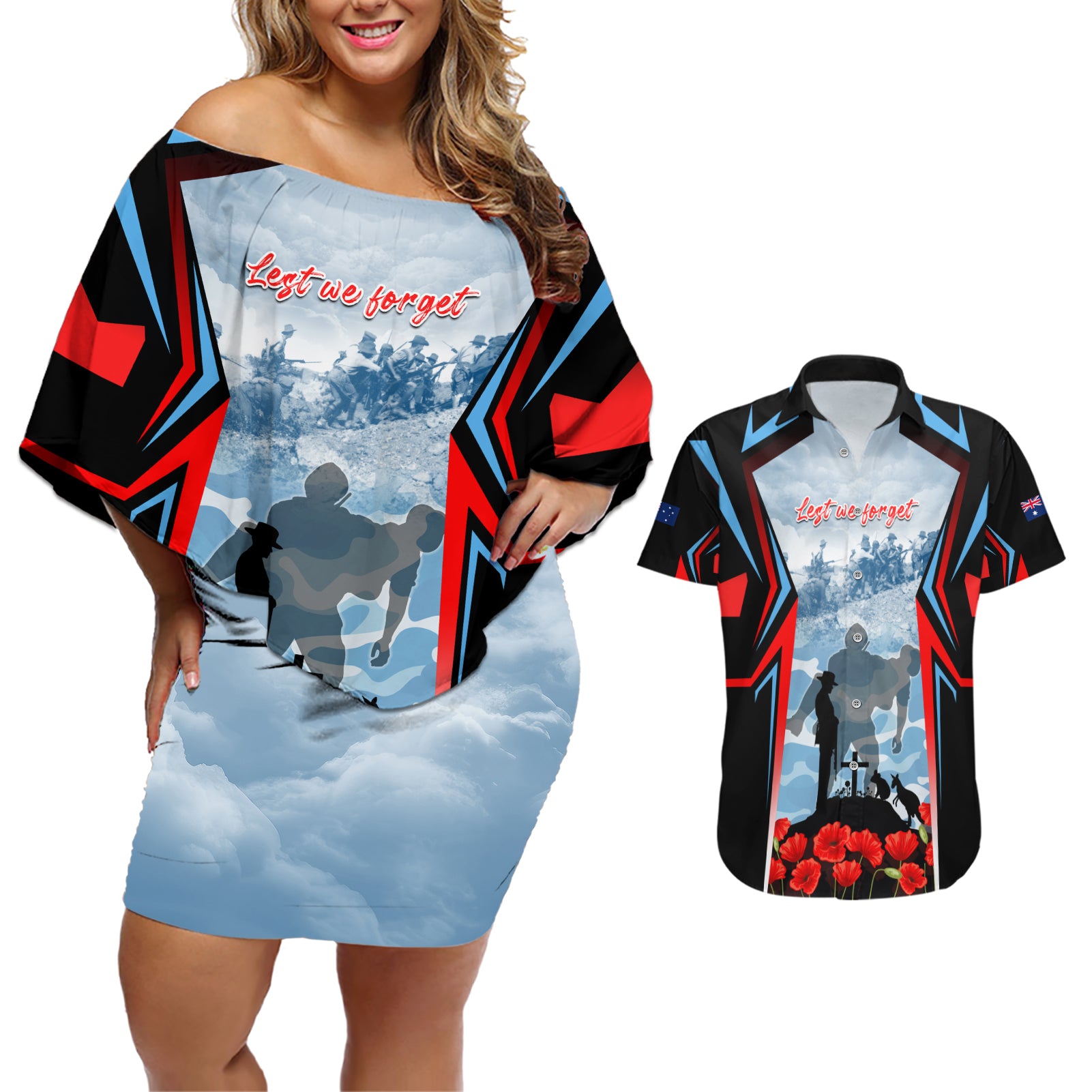 Australia ANZAC Day Couples Matching Off Shoulder Short Dress and Hawaiian Shirt Gallipoli Soldiers Simple Style