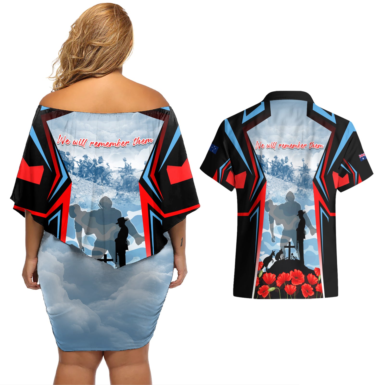 Australia ANZAC Day Couples Matching Off Shoulder Short Dress and Hawaiian Shirt Gallipoli Soldiers Simple Style