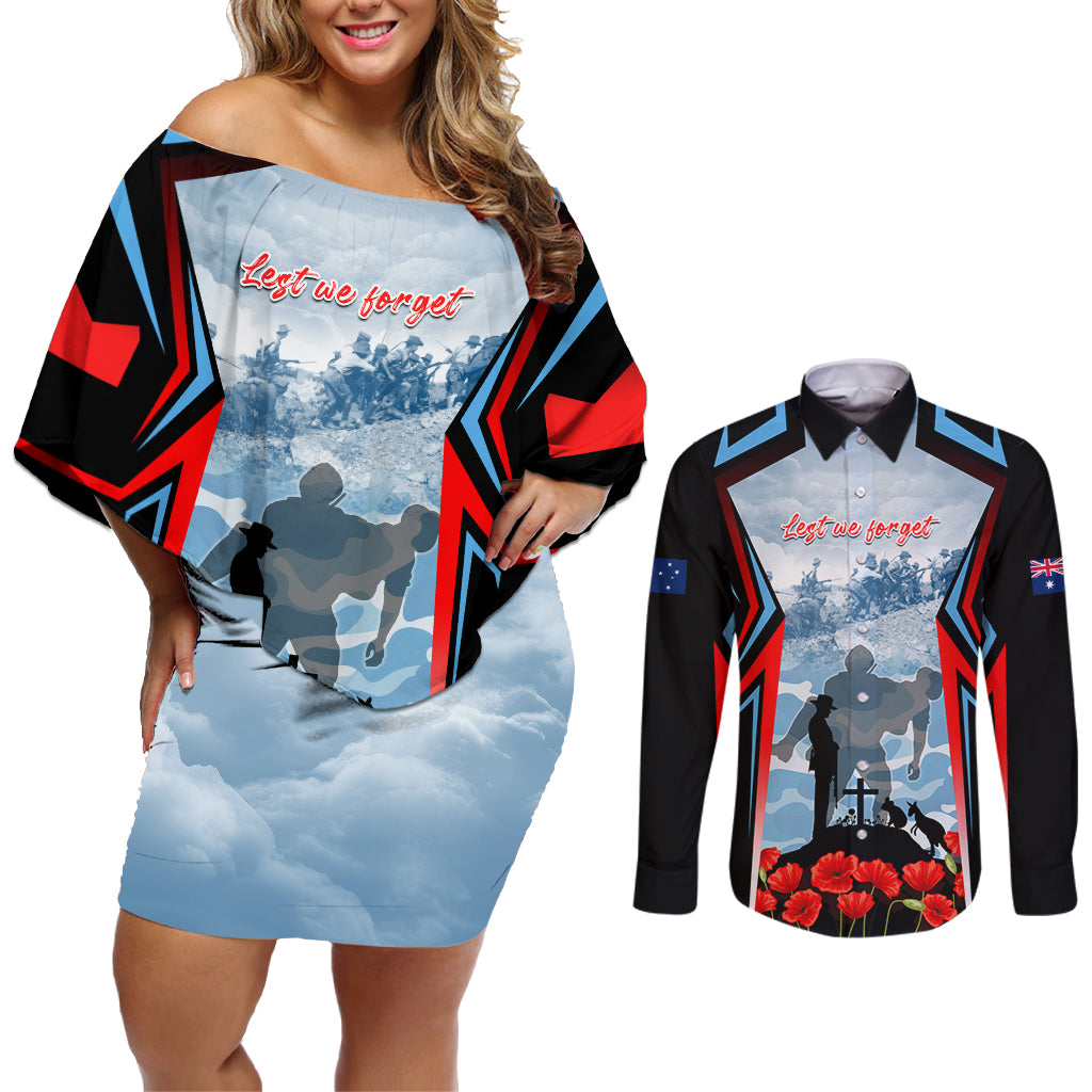 Australia ANZAC Day Couples Matching Off Shoulder Short Dress and Long Sleeve Button Shirt Gallipoli Soldiers Simple Style