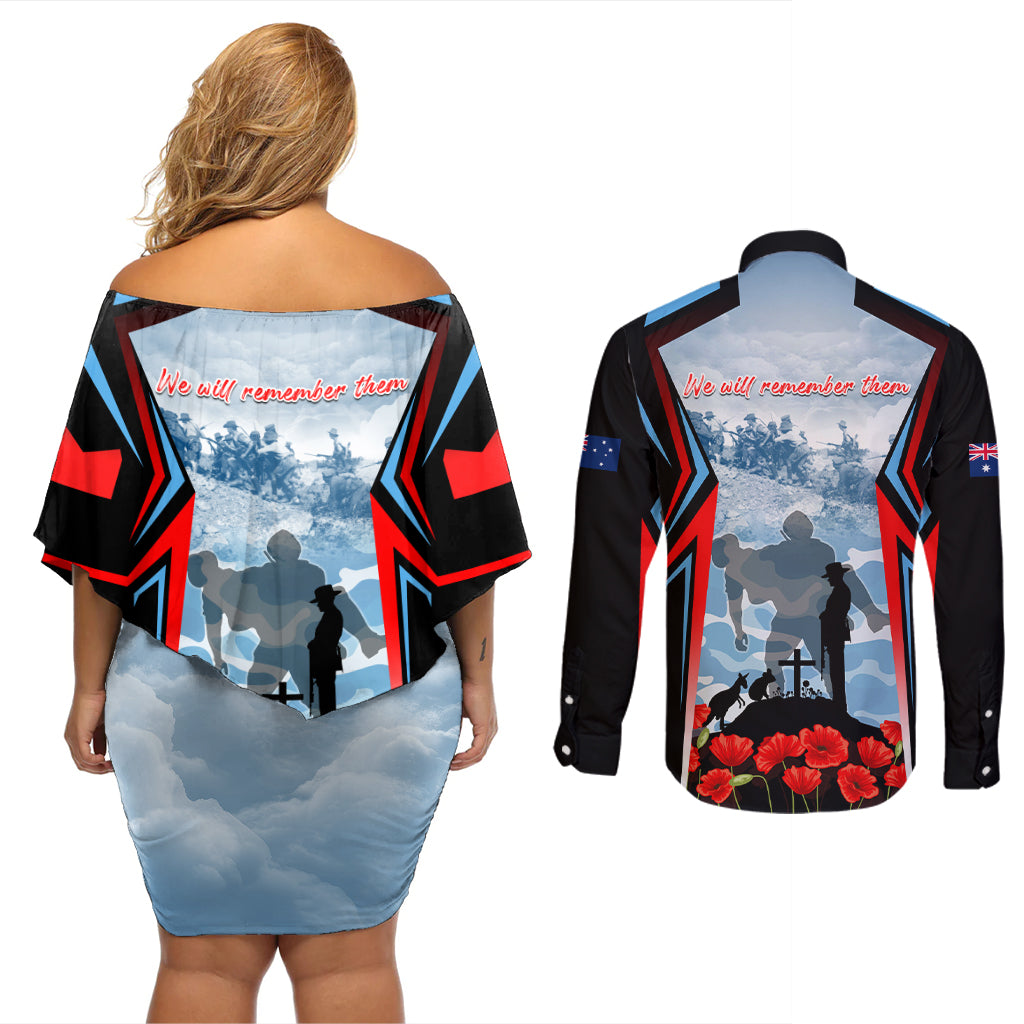 Australia ANZAC Day Couples Matching Off Shoulder Short Dress and Long Sleeve Button Shirt Gallipoli Soldiers Simple Style