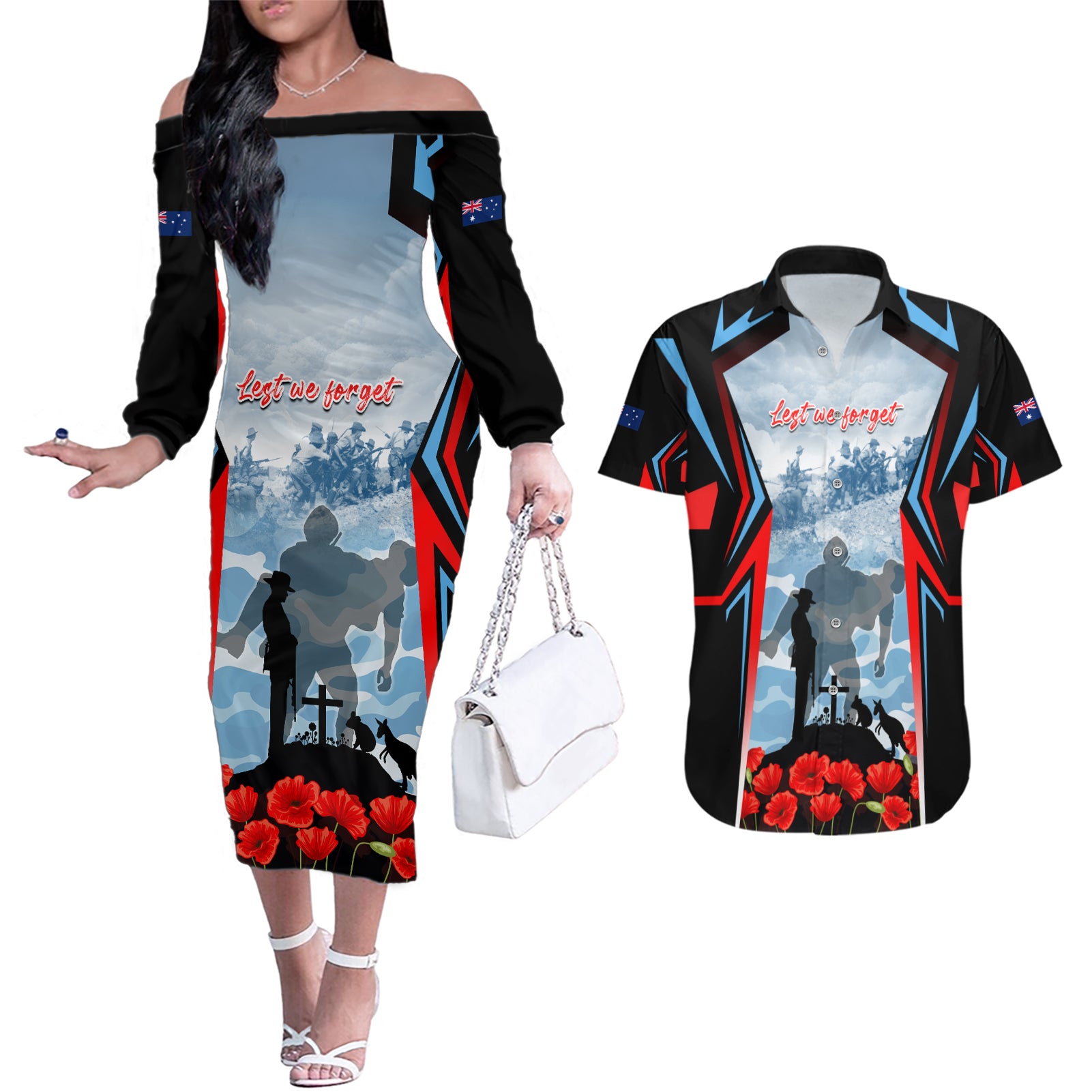 Australia ANZAC Day Couples Matching Off The Shoulder Long Sleeve Dress and Hawaiian Shirt Gallipoli Soldiers Simple Style