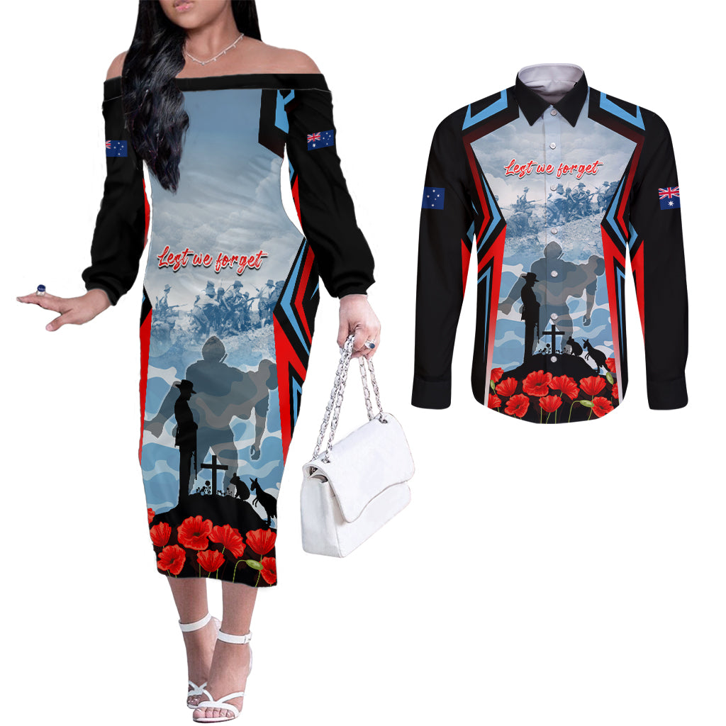Australia ANZAC Day Couples Matching Off The Shoulder Long Sleeve Dress and Long Sleeve Button Shirt Gallipoli Soldiers Simple Style