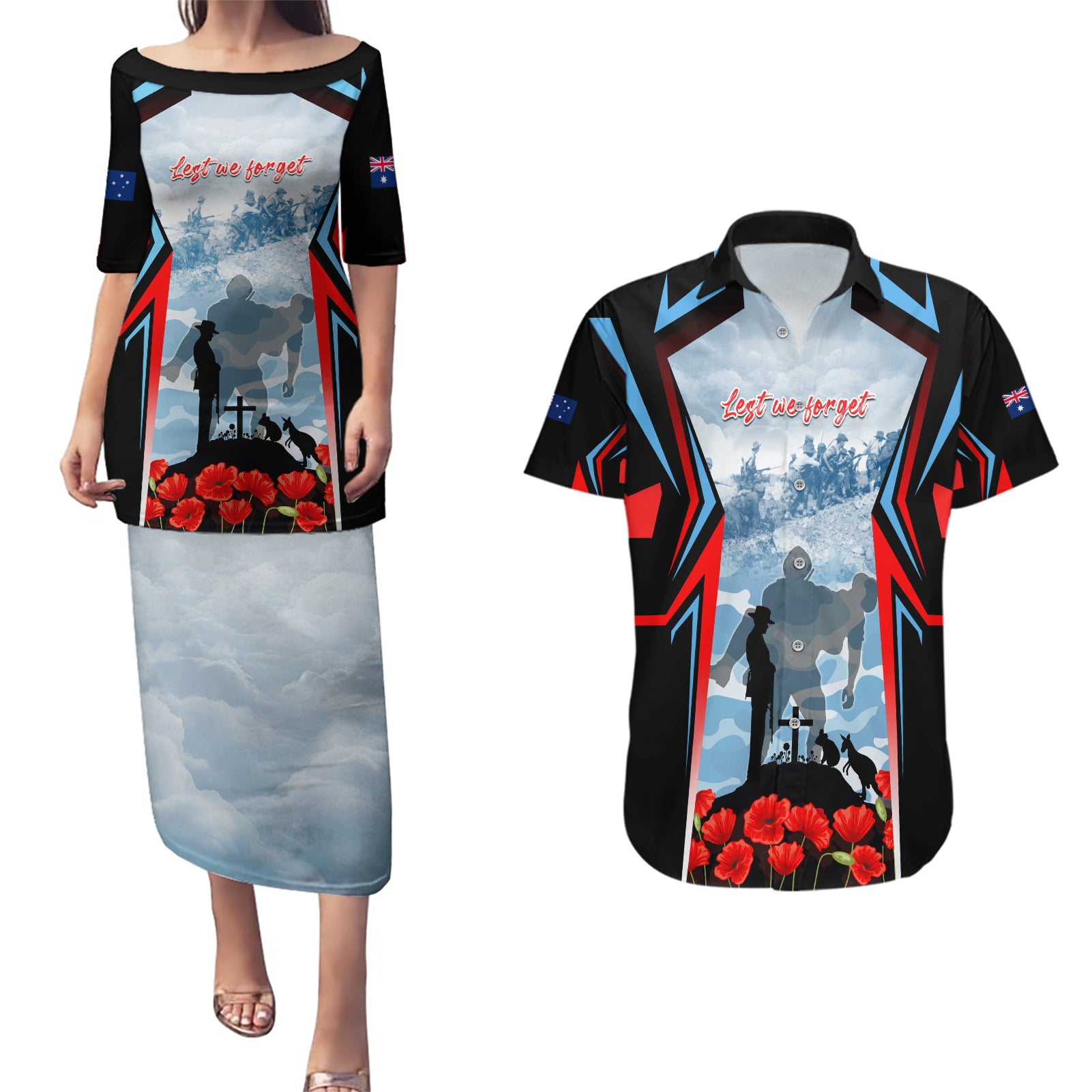 Australia ANZAC Day Couples Matching Puletasi and Hawaiian Shirt Gallipoli Soldiers Simple Style