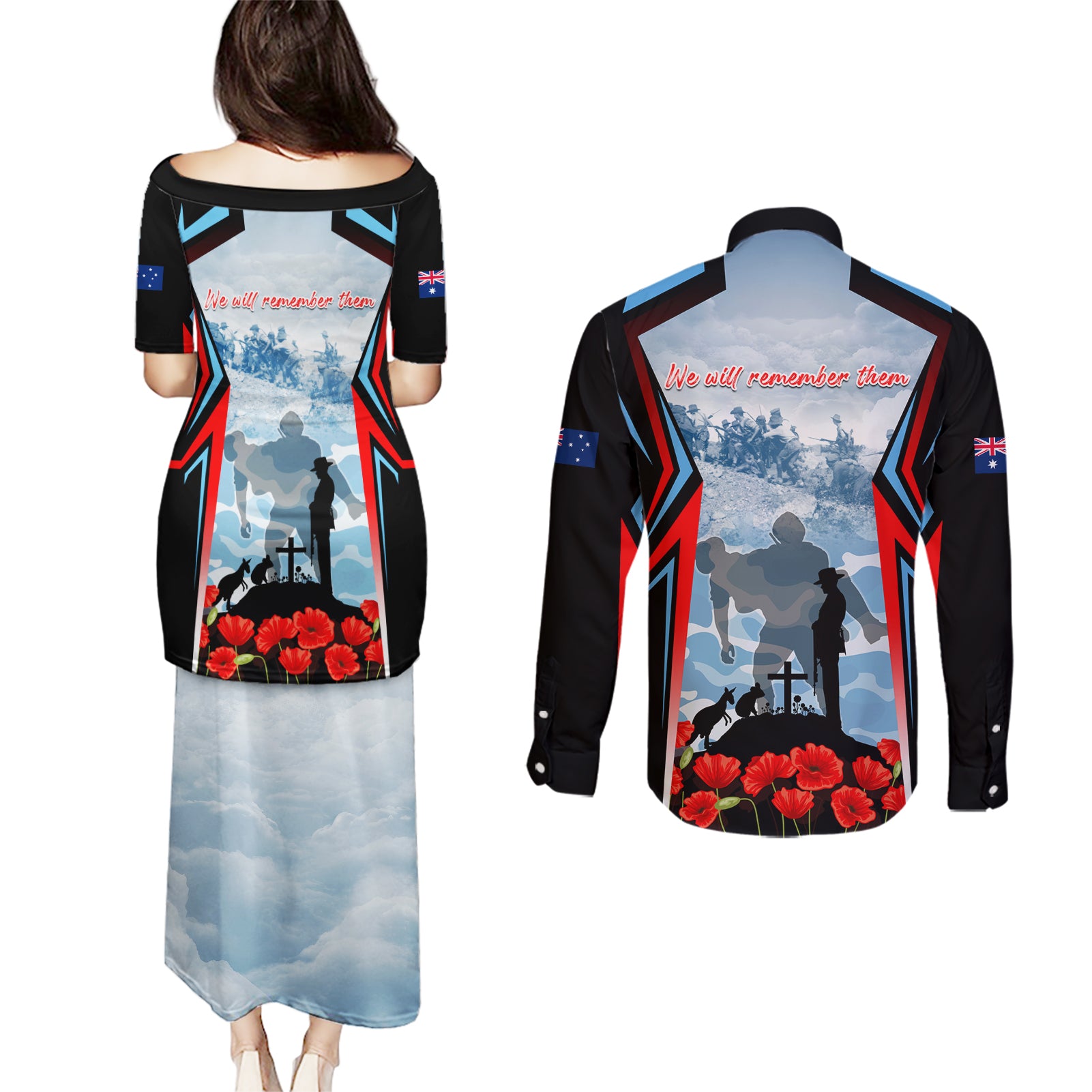 Australia ANZAC Day Couples Matching Puletasi and Long Sleeve Button Shirt Gallipoli Soldiers Simple Style
