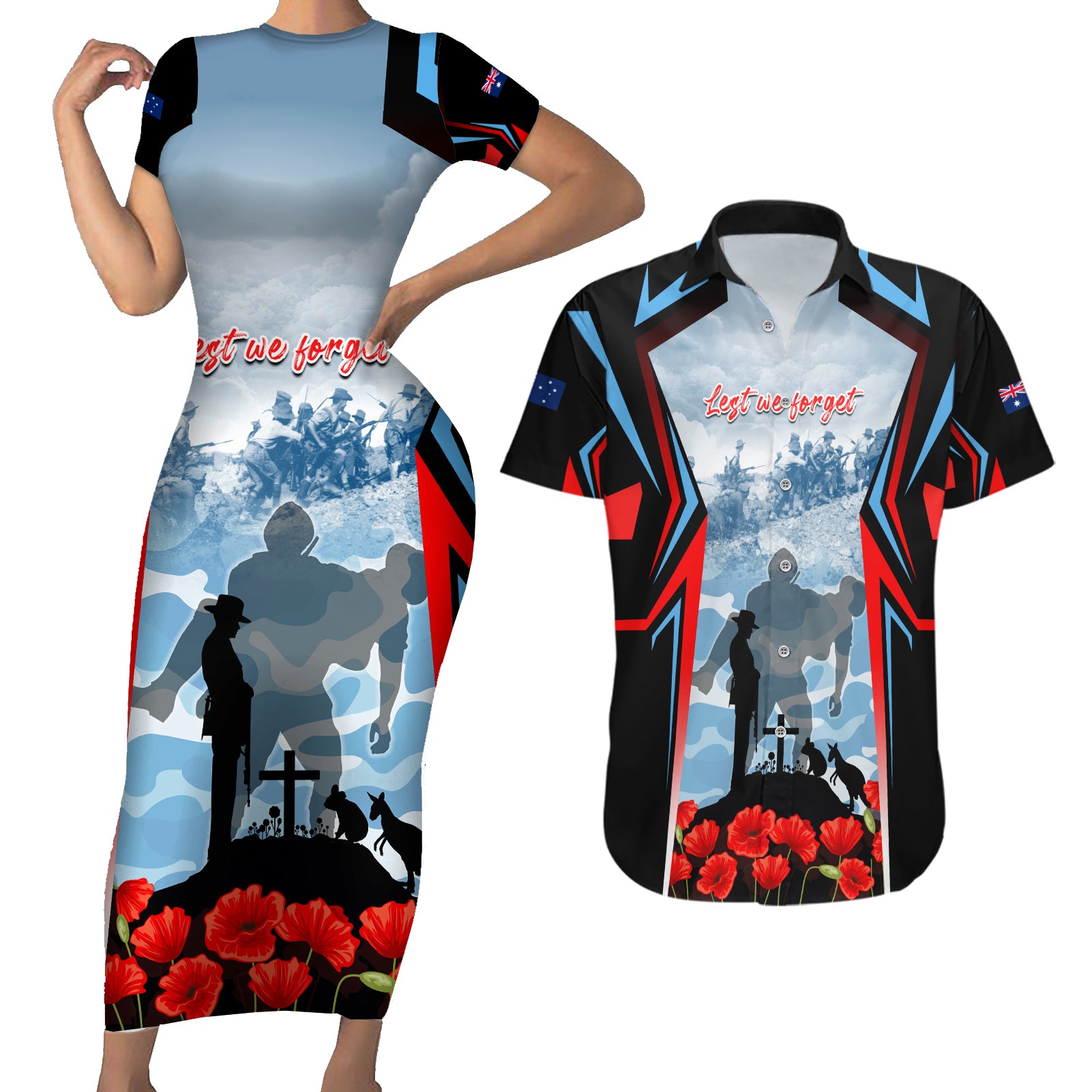 Australia ANZAC Day Couples Matching Short Sleeve Bodycon Dress and Hawaiian Shirt Gallipoli Soldiers Simple Style
