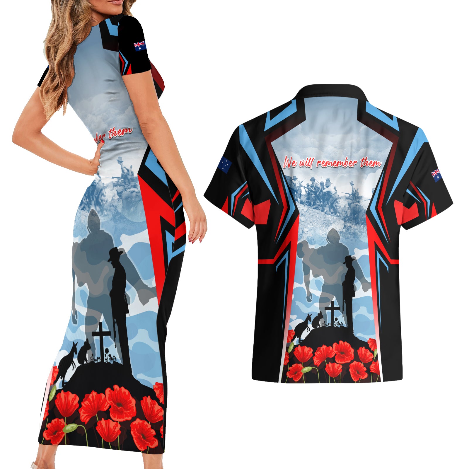 Australia ANZAC Day Couples Matching Short Sleeve Bodycon Dress and Hawaiian Shirt Gallipoli Soldiers Simple Style