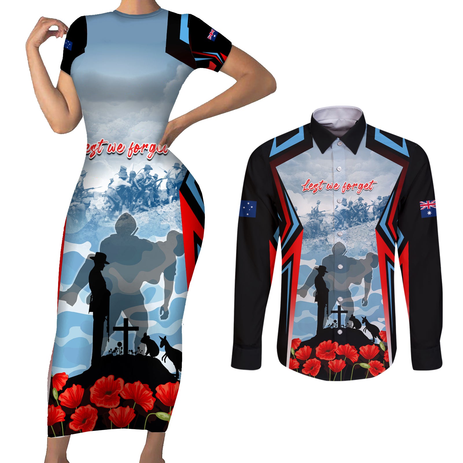 Australia ANZAC Day Couples Matching Short Sleeve Bodycon Dress and Long Sleeve Button Shirt Gallipoli Soldiers Simple Style