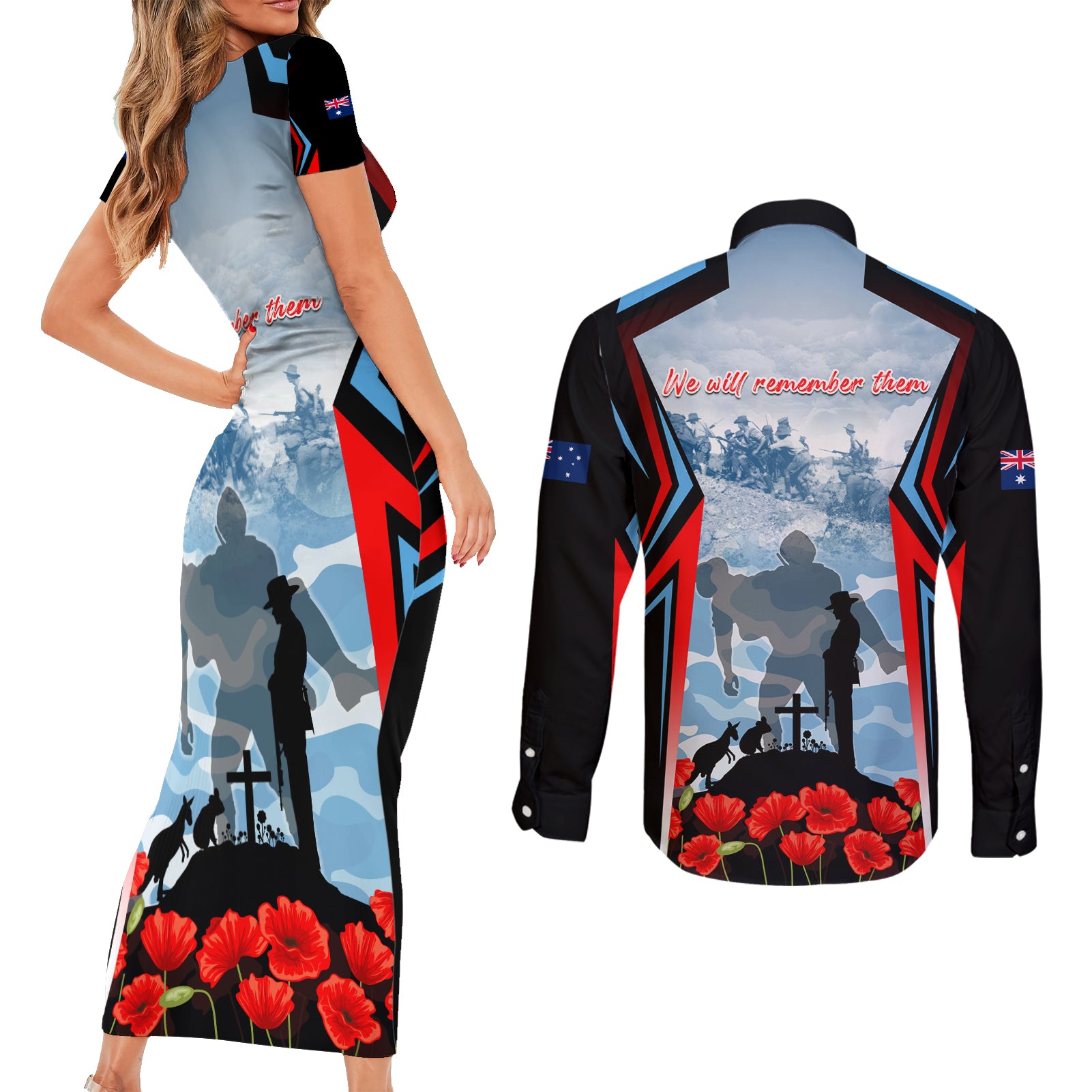 Australia ANZAC Day Couples Matching Short Sleeve Bodycon Dress and Long Sleeve Button Shirt Gallipoli Soldiers Simple Style