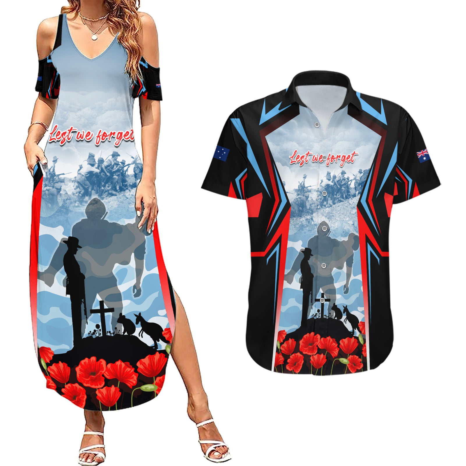 Australia ANZAC Day Couples Matching Summer Maxi Dress and Hawaiian Shirt Gallipoli Soldiers Simple Style