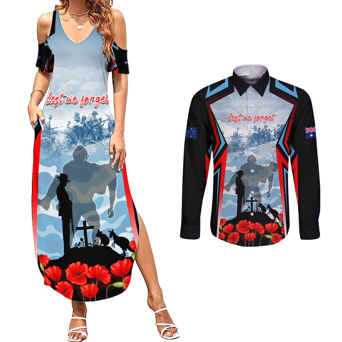 Australia ANZAC Day Couples Matching Summer Maxi Dress and Long Sleeve Button Shirt Gallipoli Soldiers Simple Style