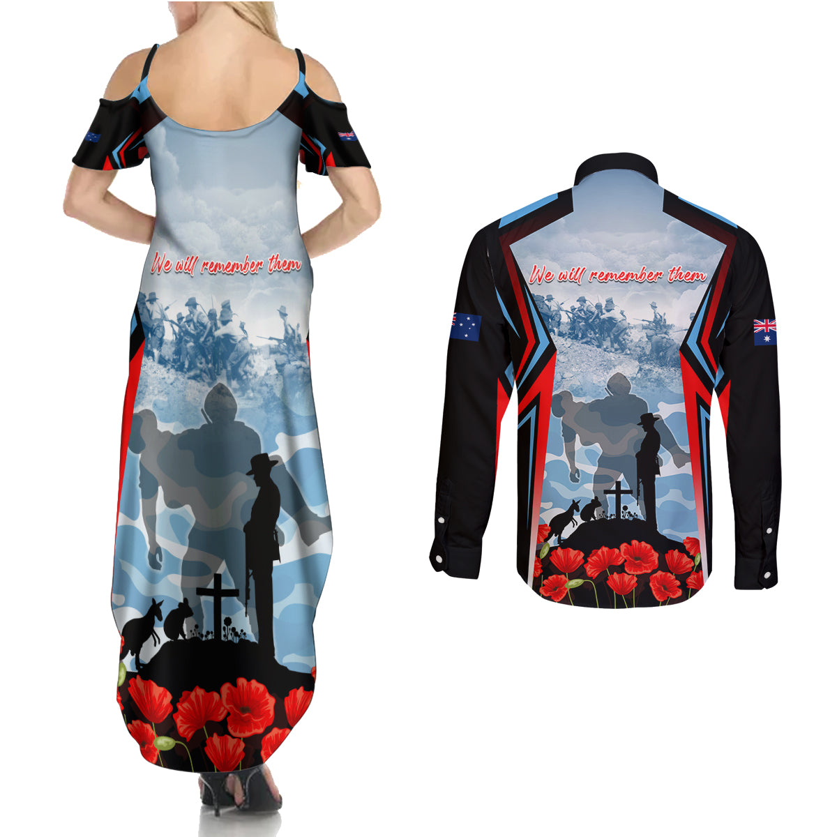 Australia ANZAC Day Couples Matching Summer Maxi Dress and Long Sleeve Button Shirt Gallipoli Soldiers Simple Style