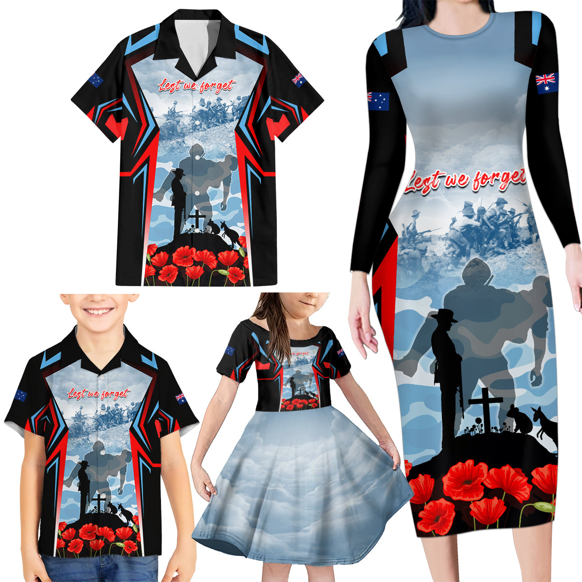 Australia ANZAC Day Family Matching Long Sleeve Bodycon Dress and Hawaiian Shirt Gallipoli Soldiers Simple Style
