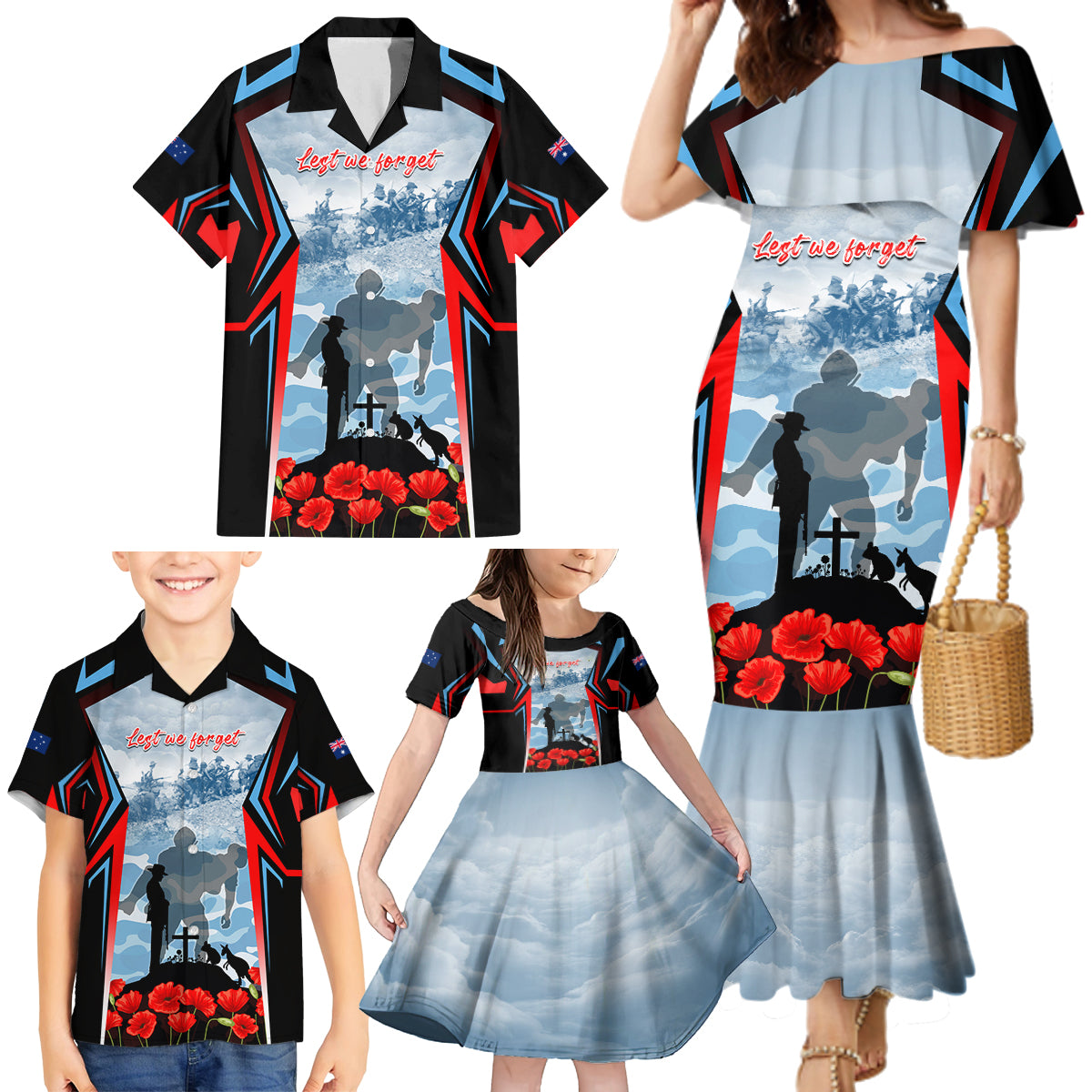Australia ANZAC Day Family Matching Mermaid Dress and Hawaiian Shirt Gallipoli Soldiers Simple Style