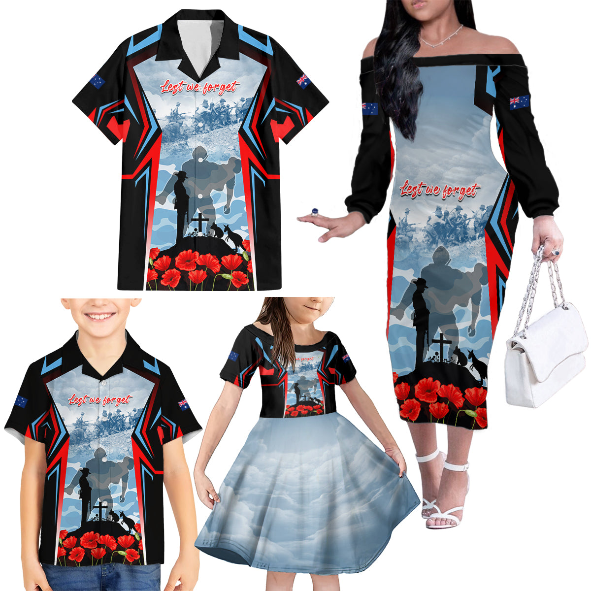 Australia ANZAC Day Family Matching Off The Shoulder Long Sleeve Dress and Hawaiian Shirt Gallipoli Soldiers Simple Style
