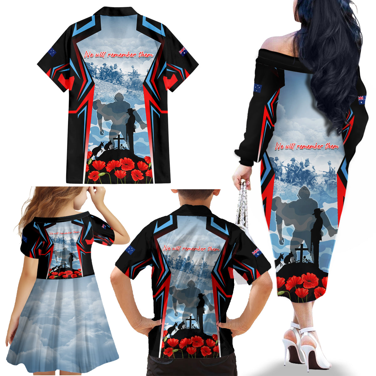 Australia ANZAC Day Family Matching Off The Shoulder Long Sleeve Dress and Hawaiian Shirt Gallipoli Soldiers Simple Style