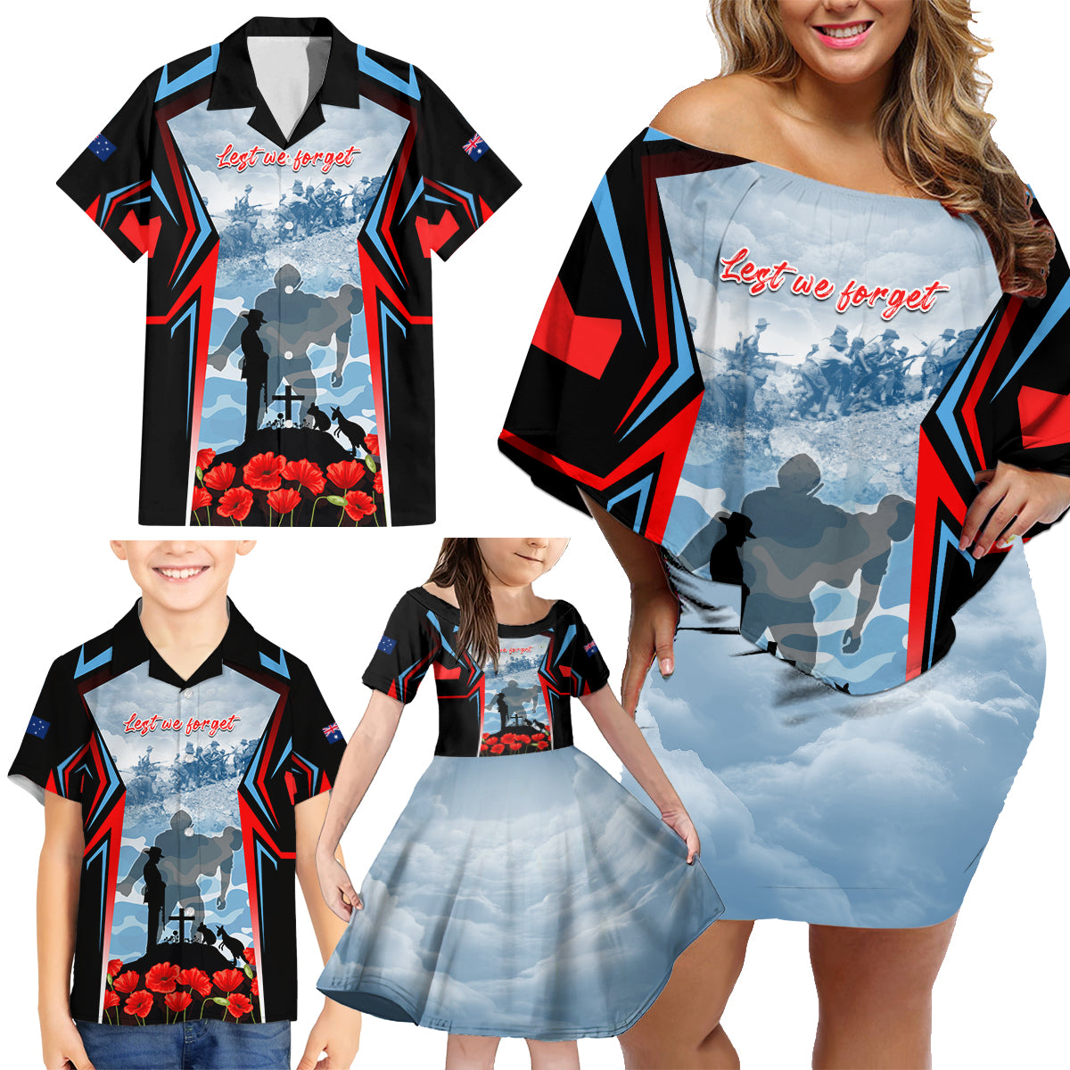 Australia ANZAC Day Family Matching Off Shoulder Short Dress and Hawaiian Shirt Gallipoli Soldiers Simple Style