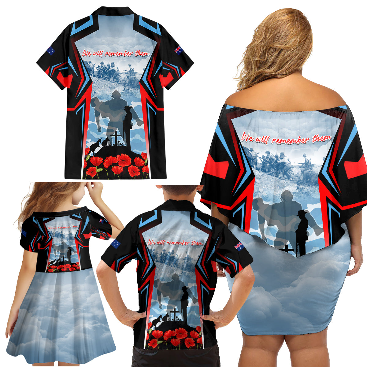 Australia ANZAC Day Family Matching Off Shoulder Short Dress and Hawaiian Shirt Gallipoli Soldiers Simple Style