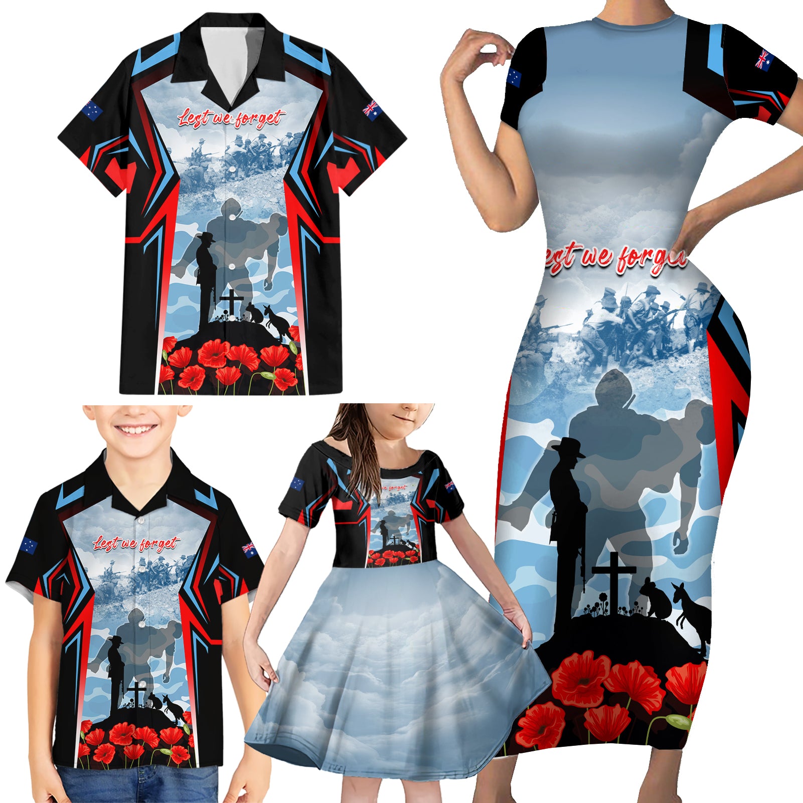 Australia ANZAC Day Family Matching Short Sleeve Bodycon Dress and Hawaiian Shirt Gallipoli Soldiers Simple Style