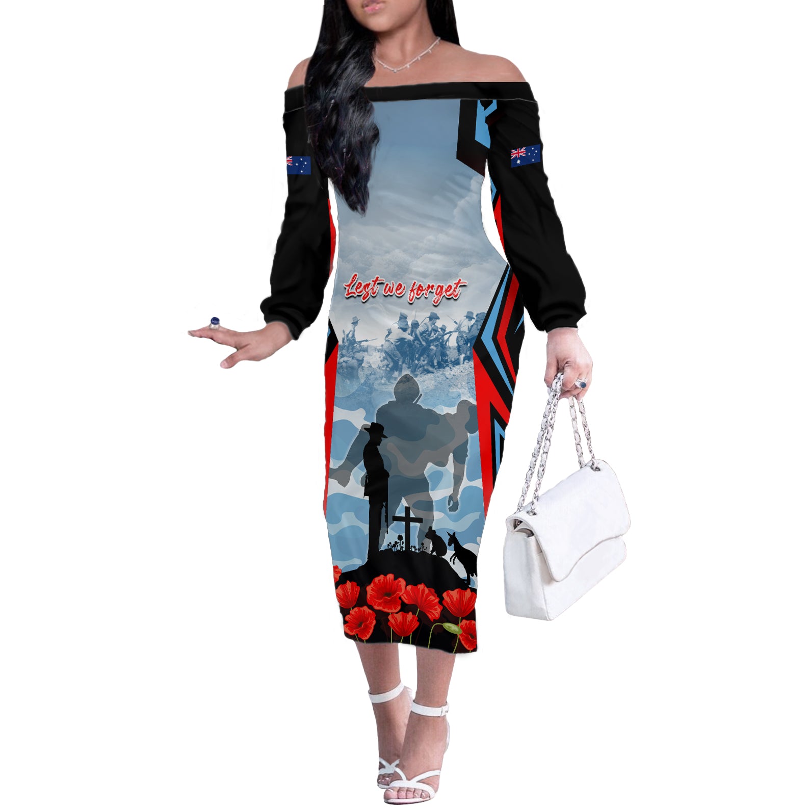 Australia ANZAC Day Off The Shoulder Long Sleeve Dress Gallipoli Soldiers Simple Style