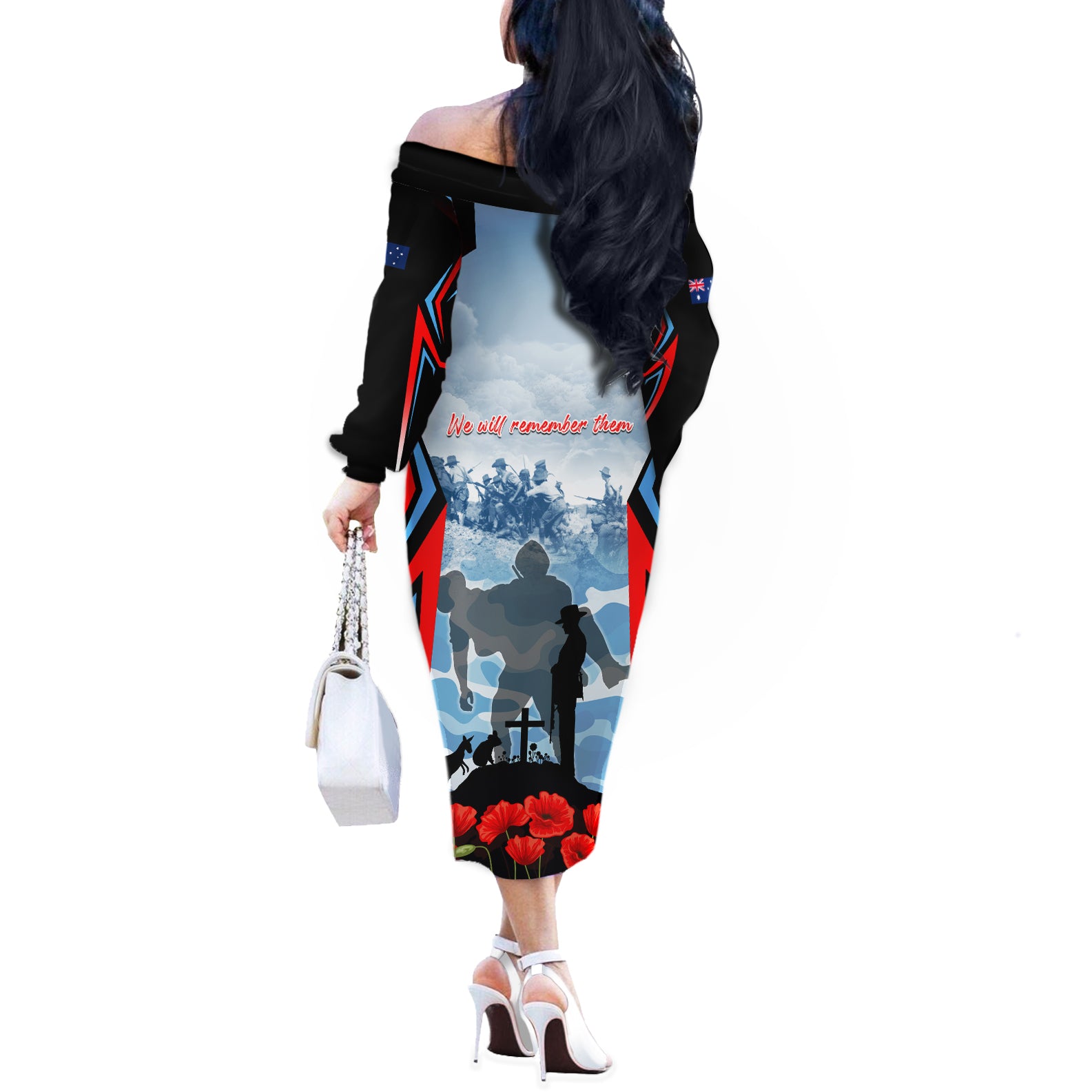 Australia ANZAC Day Off The Shoulder Long Sleeve Dress Gallipoli Soldiers Simple Style