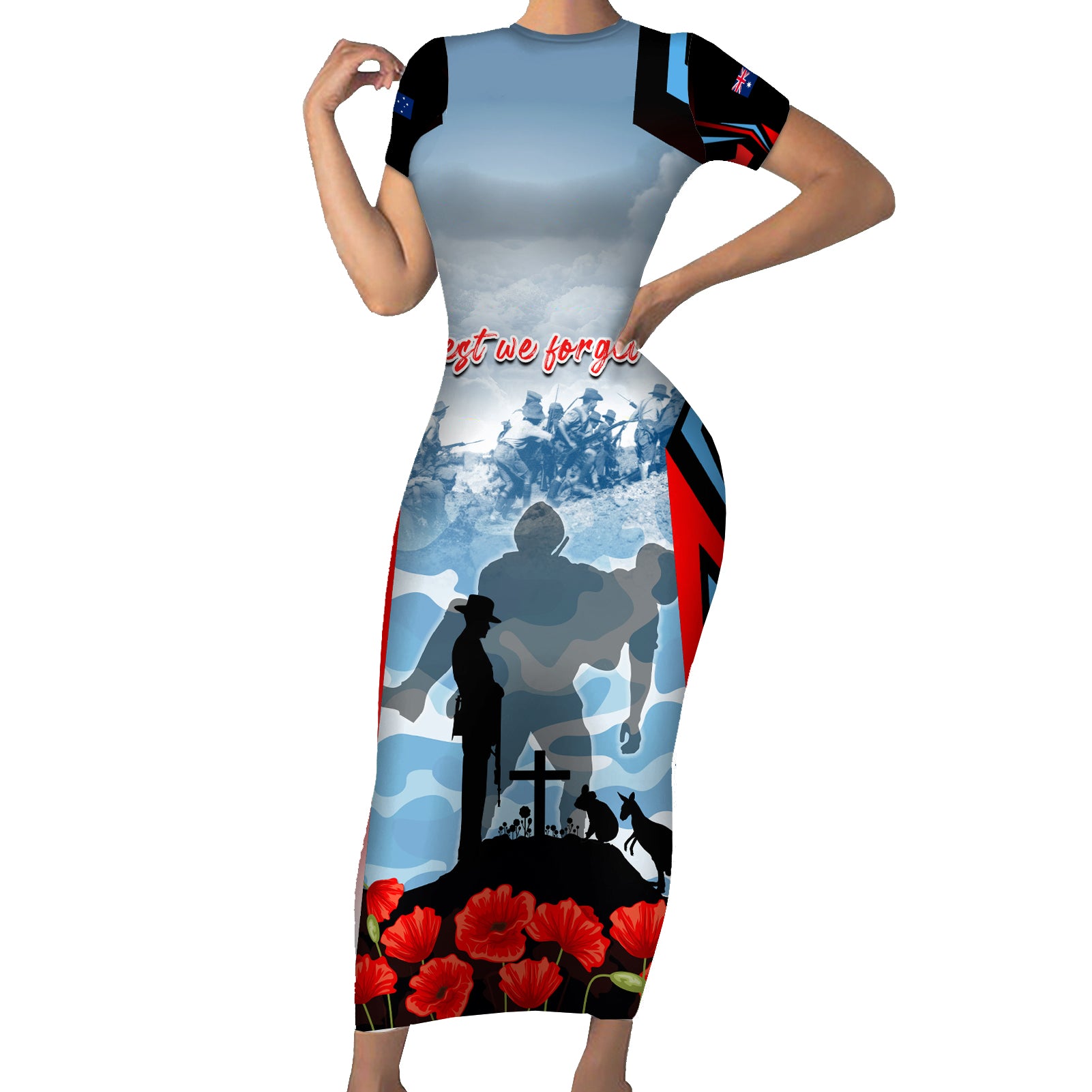 Australia ANZAC Day Short Sleeve Bodycon Dress Gallipoli Soldiers Simple Style