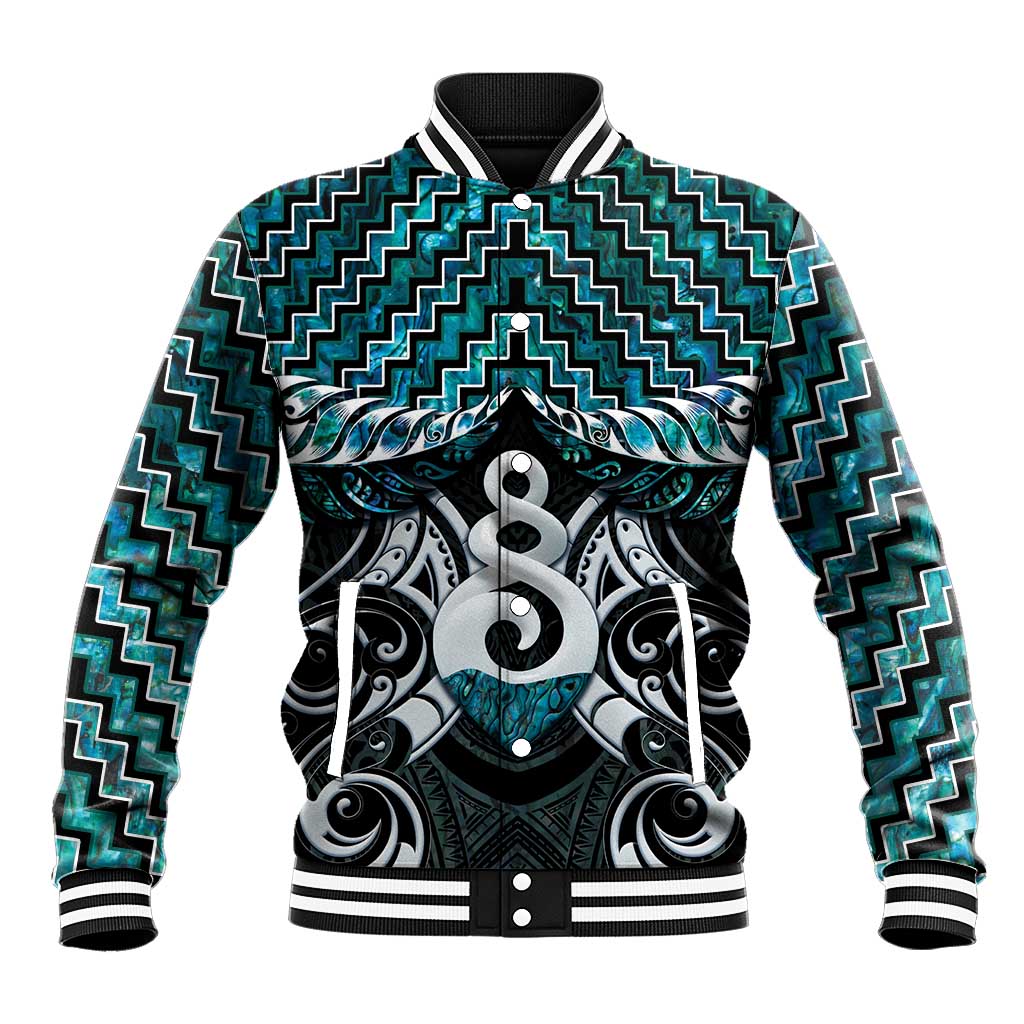 New Zealand Maori Baseball Jacket Poutama Pikorua Turquoise Paua Shell LT05 - Vibe Hoodie Shop