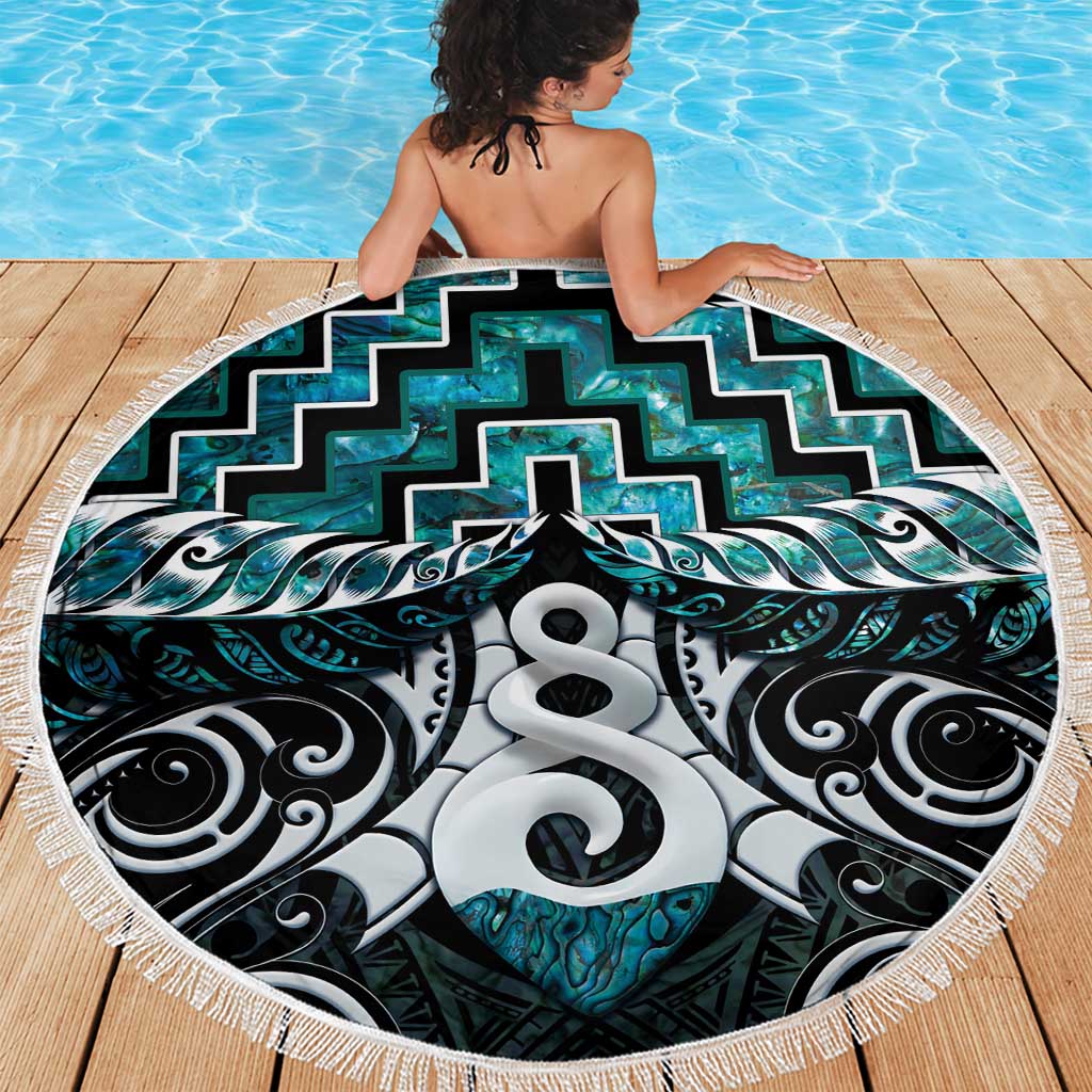 New Zealand Maori Beach Blanket Poutama Pikorua Turquoise Paua Shell