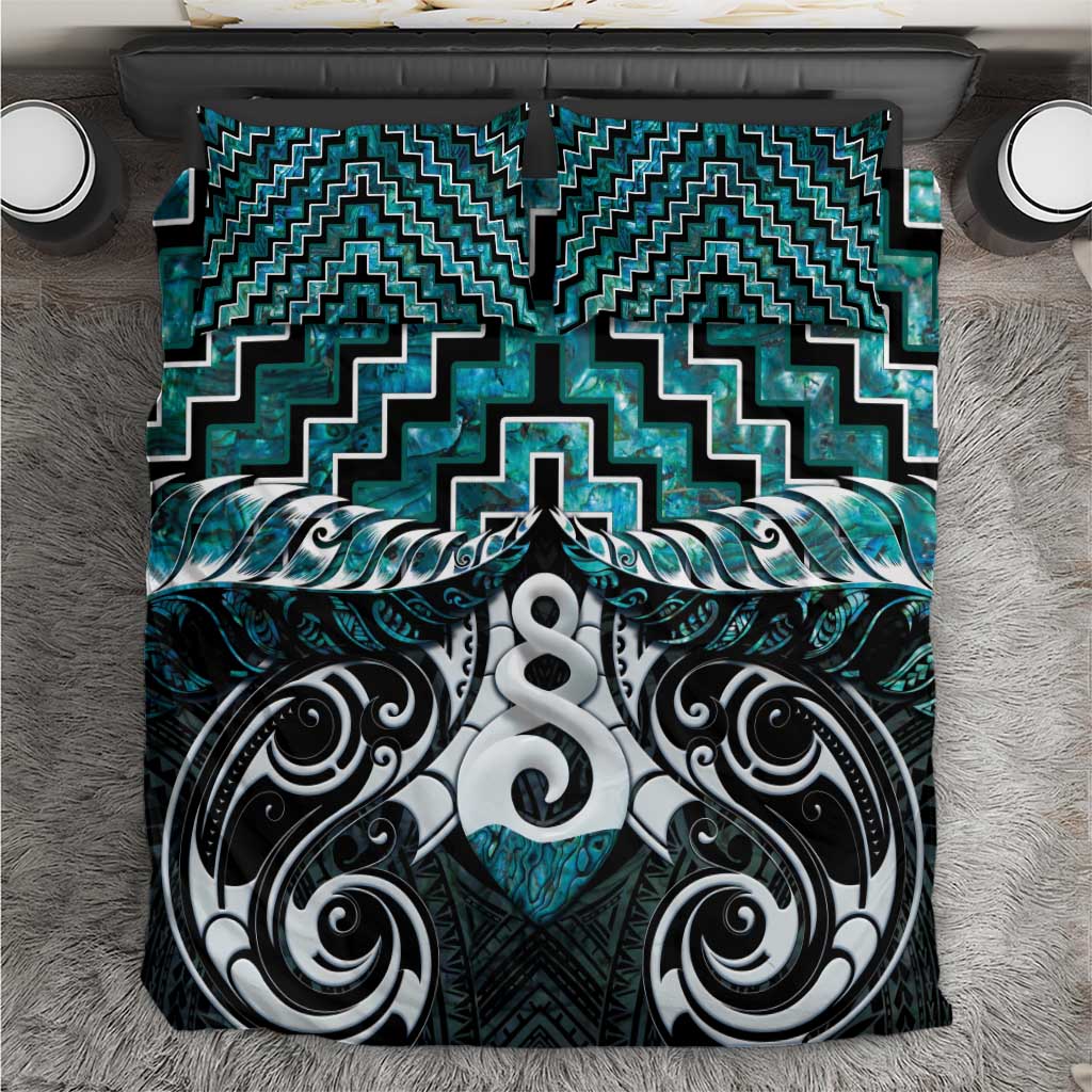 New Zealand Maori Bedding Set Poutama Pikorua Turquoise Paua Shell LT05 - Vibe Hoodie Shop