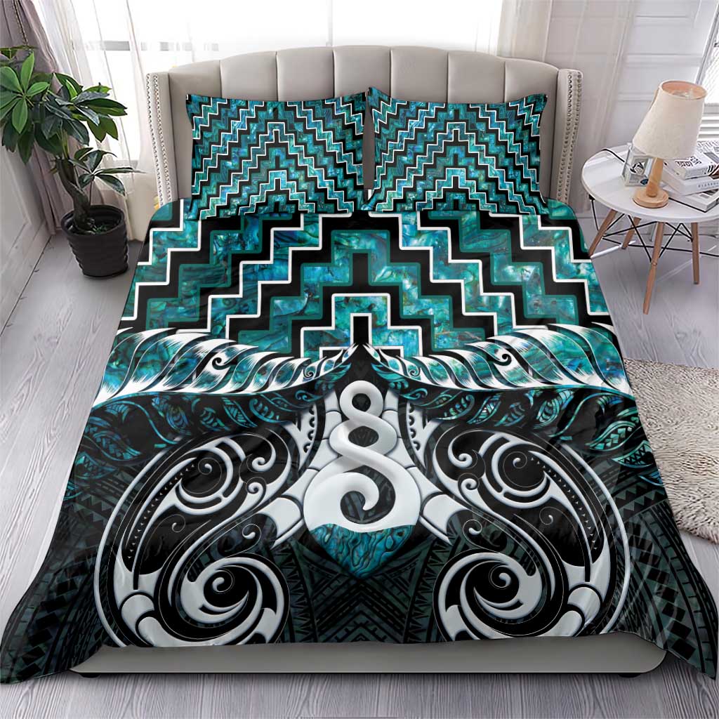 New Zealand Maori Bedding Set Poutama Pikorua Turquoise Paua Shell LT05 - Vibe Hoodie Shop