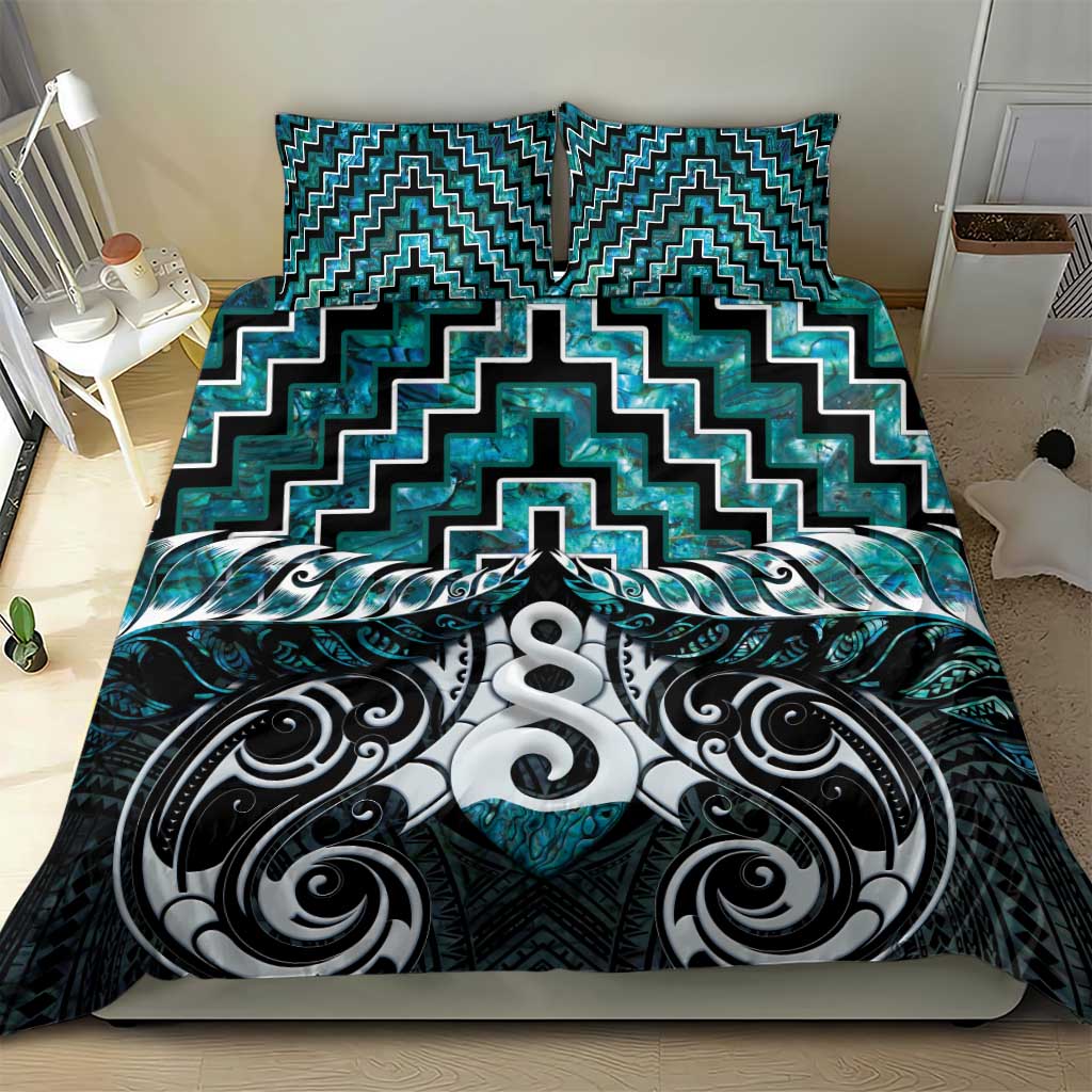 New Zealand Maori Bedding Set Poutama Pikorua Turquoise Paua Shell LT05 - Vibe Hoodie Shop