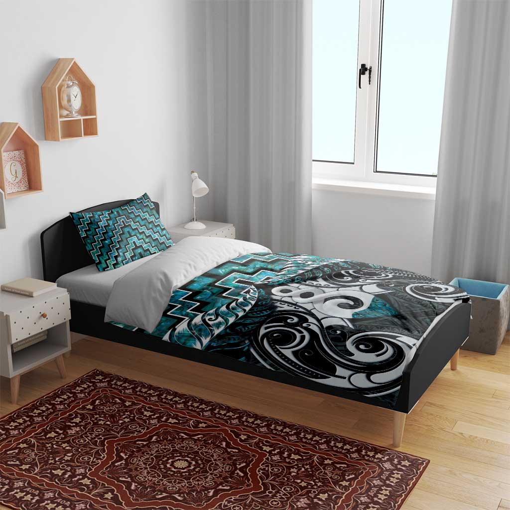 New Zealand Maori Bedding Set Poutama Pikorua Turquoise Paua Shell LT05 - Vibe Hoodie Shop