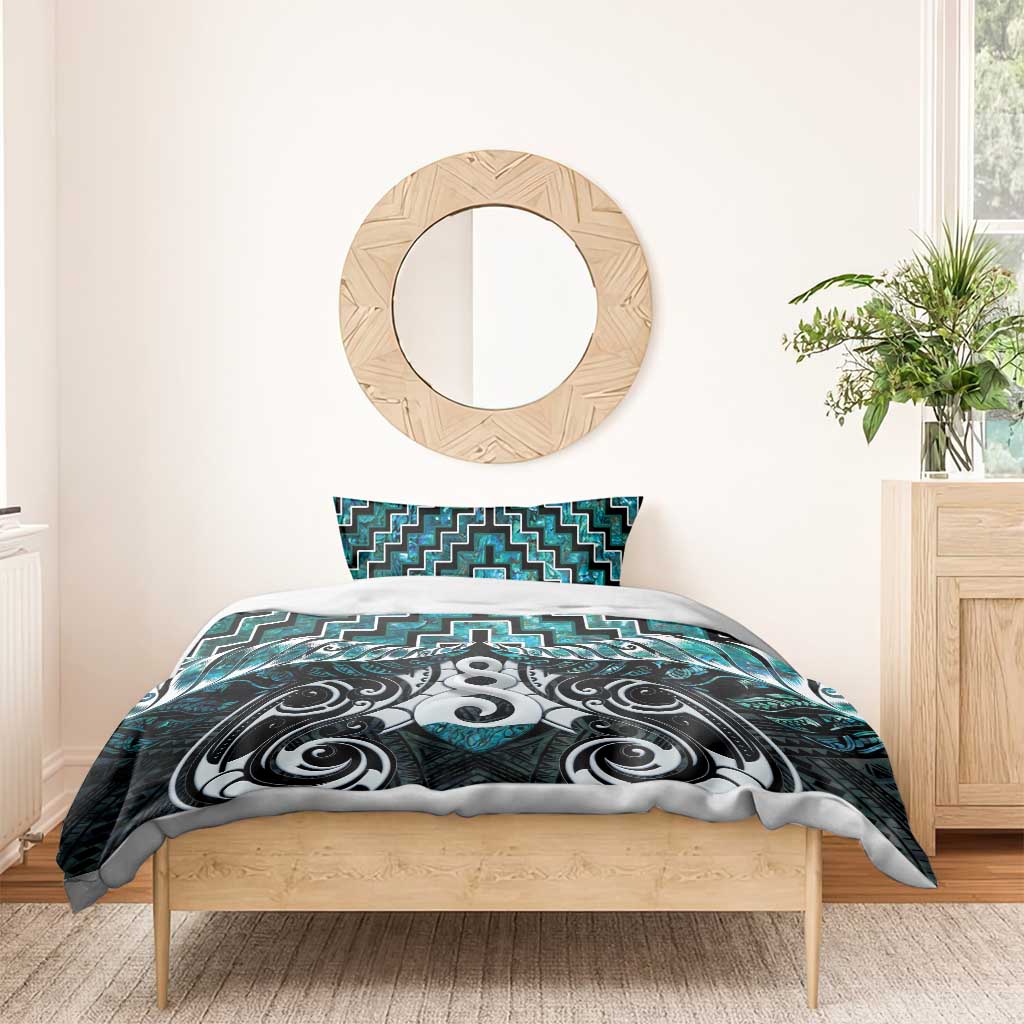 New Zealand Maori Bedding Set Poutama Pikorua Turquoise Paua Shell LT05 - Vibe Hoodie Shop