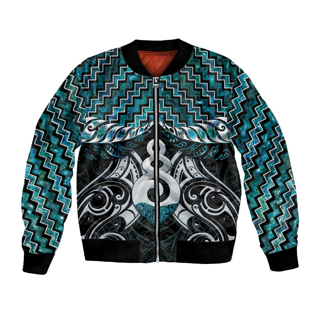 New Zealand Maori Bomber Jacket Poutama Pikorua Turquoise Paua Shell LT05 - Vibe Hoodie Shop