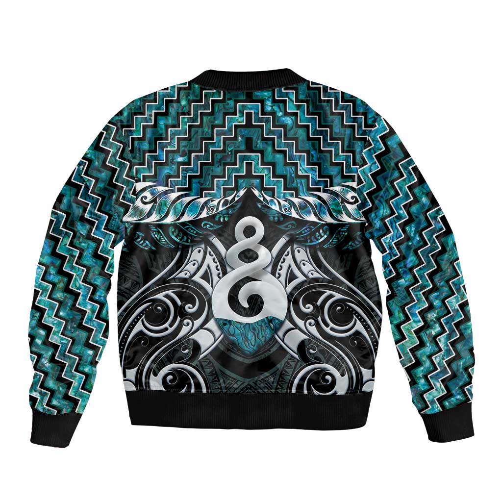 New Zealand Maori Bomber Jacket Poutama Pikorua Turquoise Paua Shell LT05 - Vibe Hoodie Shop