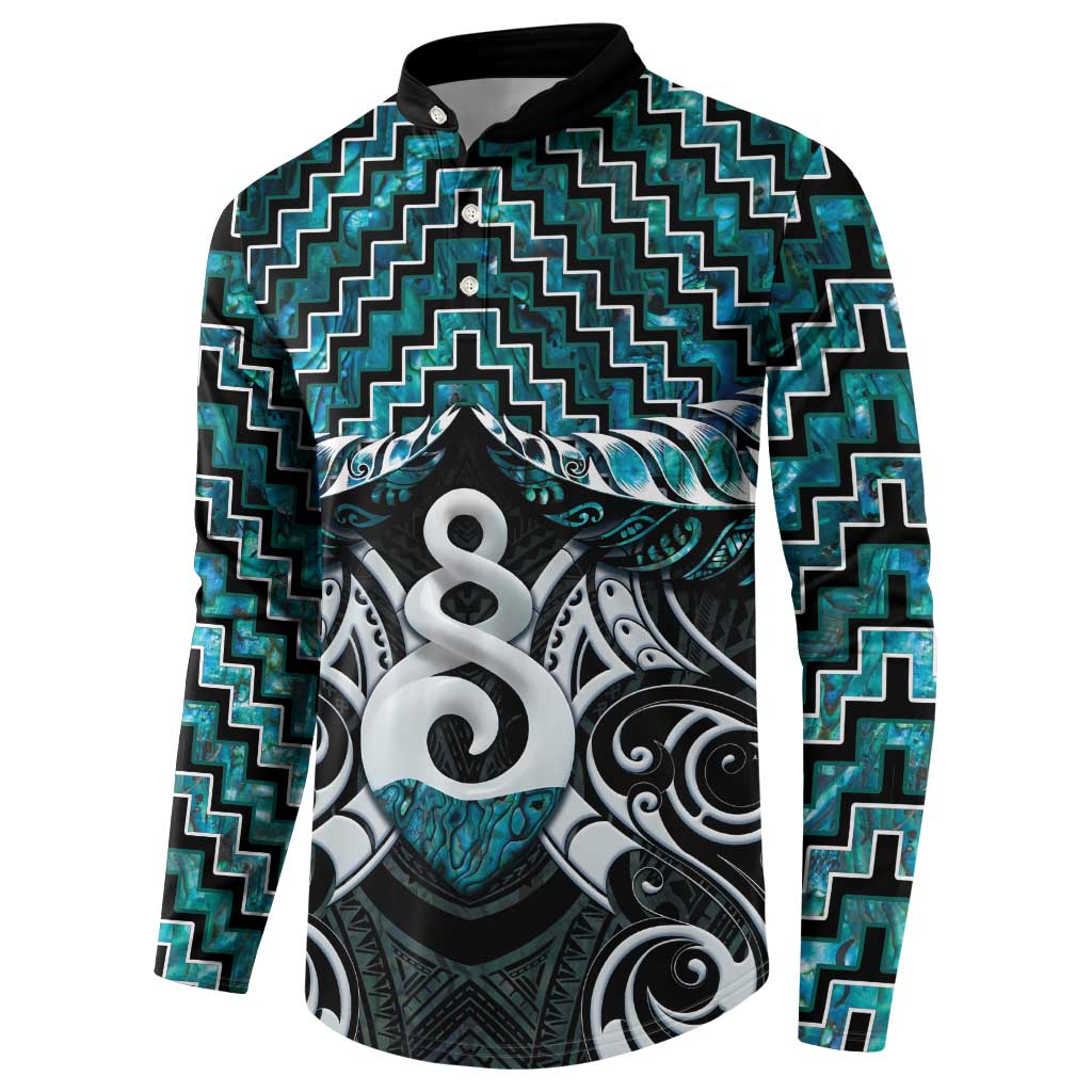 New Zealand Maori Button Sweatshirt Poutama Pikorua Turquoise Paua Shell