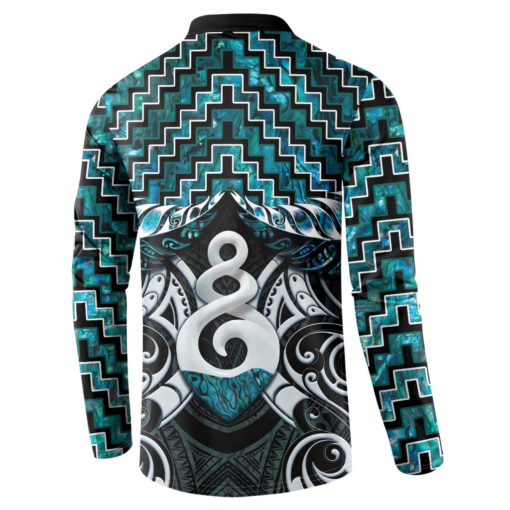 New Zealand Maori Button Sweatshirt Poutama Pikorua Turquoise Paua Shell