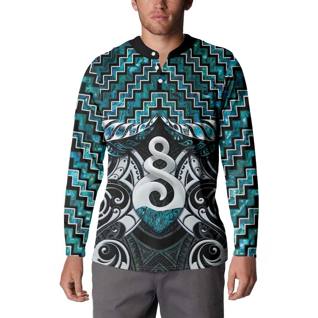 New Zealand Maori Button Sweatshirt Poutama Pikorua Turquoise Paua Shell