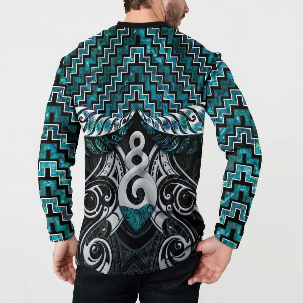 New Zealand Maori Button Sweatshirt Poutama Pikorua Turquoise Paua Shell