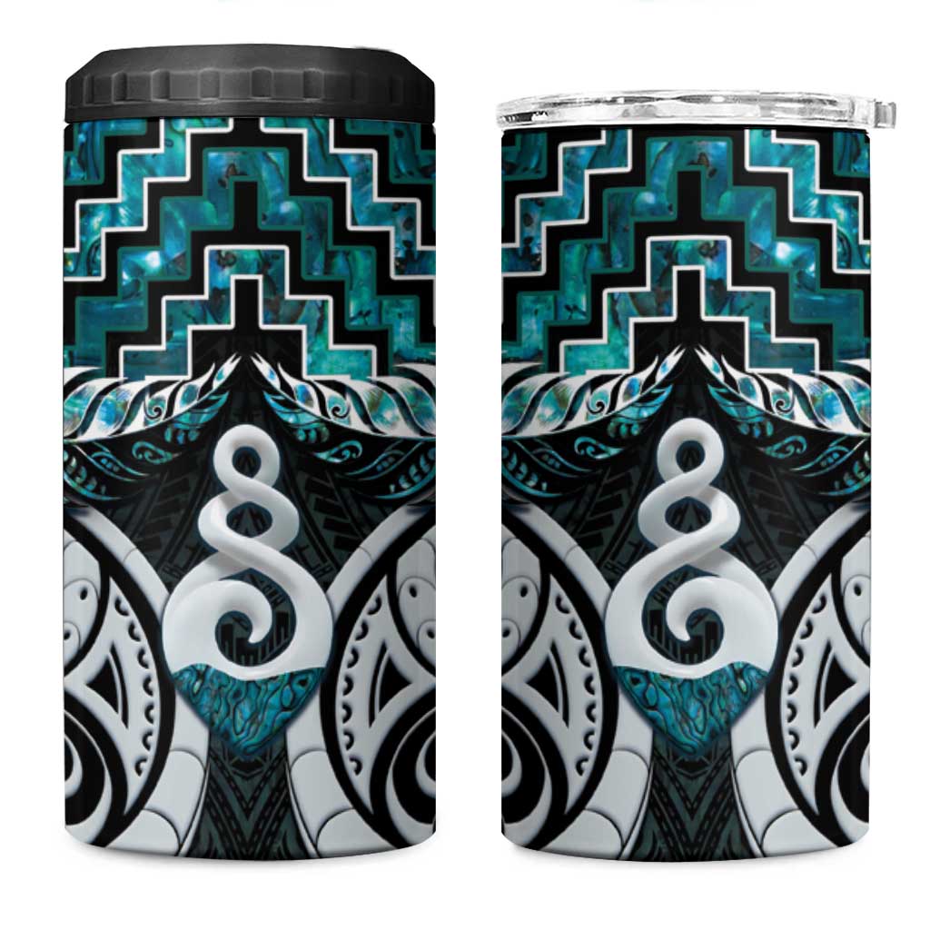 New Zealand Maori 4 in 1 Can Cooler Tumbler Poutama Pikorua Turquoise Paua Shell