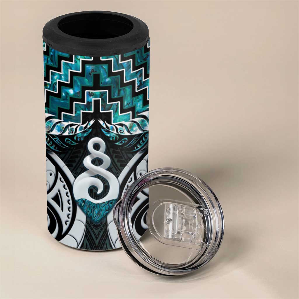 New Zealand Maori 4 in 1 Can Cooler Tumbler Poutama Pikorua Turquoise Paua Shell